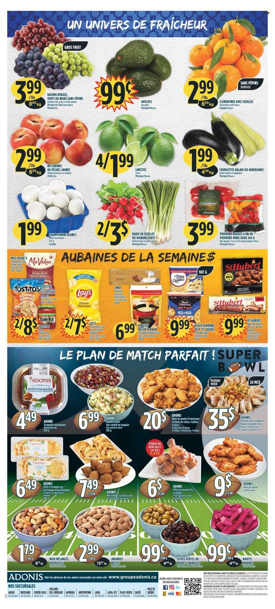 thumbnail - Adonis Flyer - February 09, 2023 - February 15, 2023 - Sales products - radishes, sweet peppers, eggplant, red peppers, avocado, clementines, grapes, limes, nectarines, peaches, seafood, pizza, pasta, sauce, shredded cheese, swiss cheese, chicken wings, chocolate, chips, Lay’s, Tostitos, salsa, almonds, dried fruit, mixed nuts, chicken drumsticks, chicken, ribs, pork meat, pork ribs, pork back ribs, bowl, raisins, olives, Lindt. Page 2.