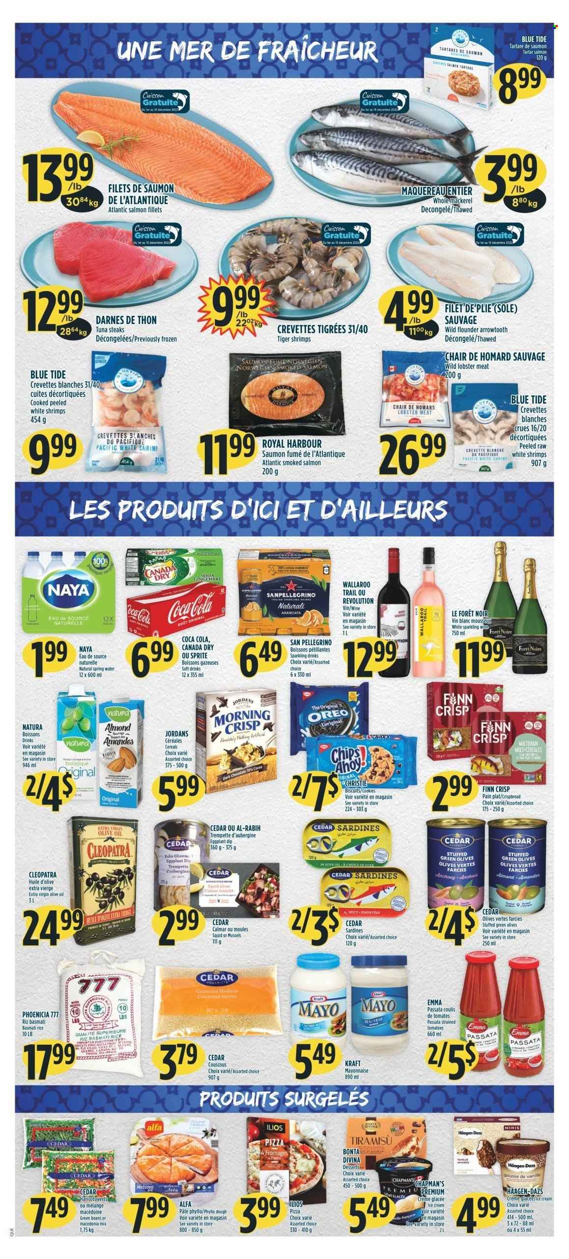 thumbnail - Adonis Flyer - February 09, 2023 - February 15, 2023 - Sales products - tiramisu, crispbread, beans, green beans, eggplant, flounder, lobster, mackerel, mussels, salmon, salmon fillet, sardines, smoked salmon, squid, tuna, shrimps, pizza, Kraft®, feta, mayonnaise, dip, ice cream, Häagen-Dazs, cookies, biscuit, dark chocolate, cereals, basmati rice, rice, spice, extra virgin olive oil, olive oil, oil, Canada Dry, Coca-Cola, Sprite, soft drink, spring water, San Pellegrino, sparkling wine, wine, Tide, couscous, olives, Oreo, steak. Page 4.