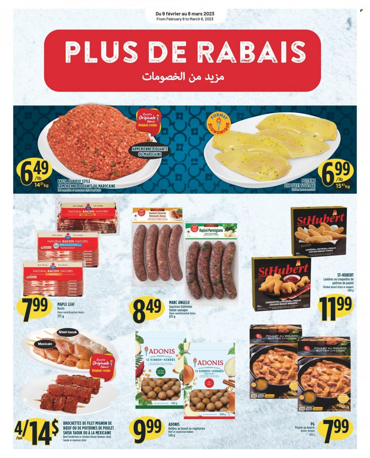 thumbnail - Adonis Flyer - February 09, 2023 - February 15, 2023 - Sales products - nuggets, bacon, sausage, Parmigiano Reggiano, strips, potato croquettes, Mars, fennel, chicken, beef meat, beef tenderloin. Page 5.