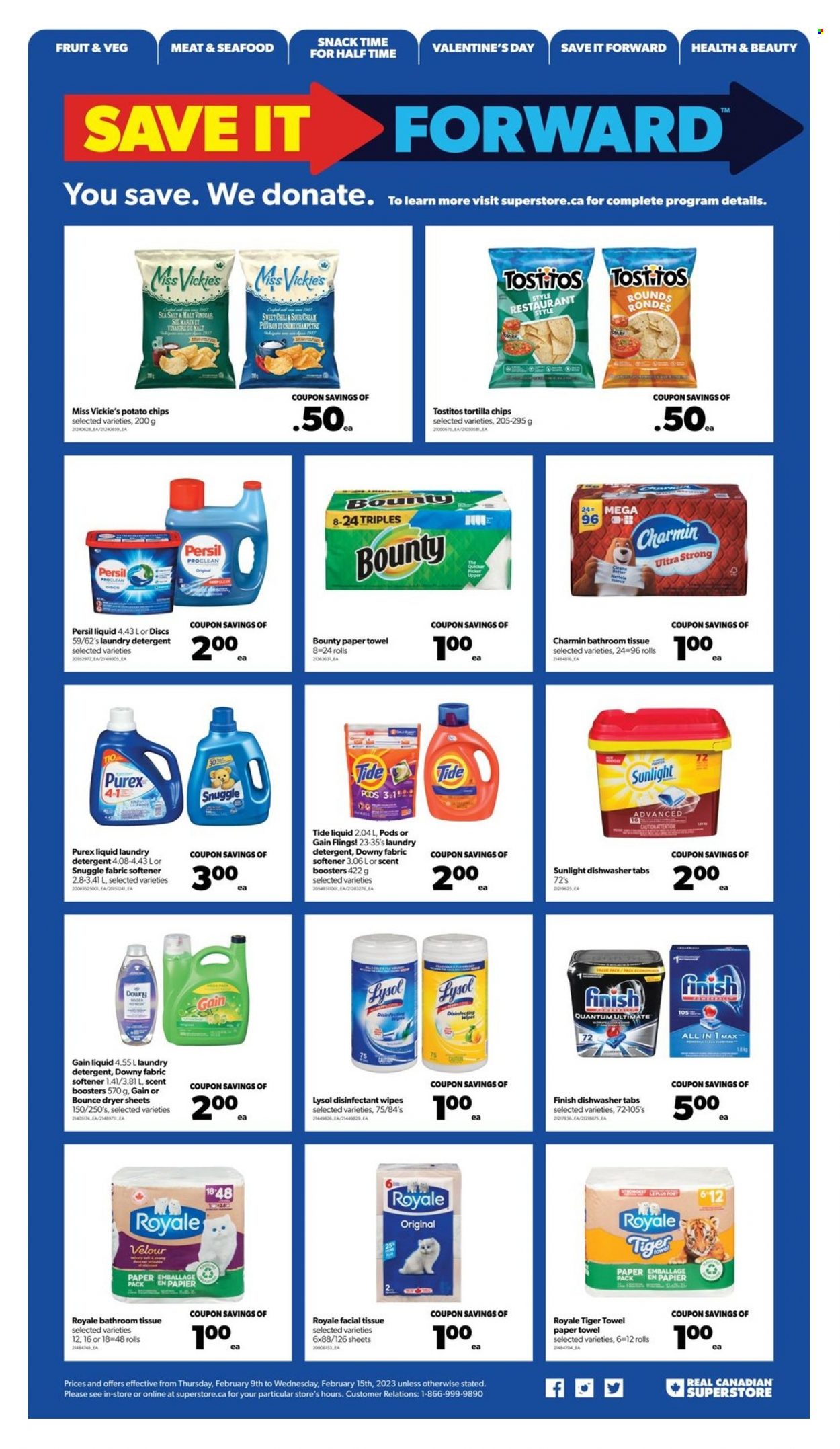 thumbnail - Real Canadian Superstore Flyer - February 09, 2023 - February 15, 2023 - Sales products - seafood, sour cream, snack, Bounty, tortilla chips, potato chips, chips, Tostitos, malt, L'Or, wipes, bath tissue, paper towels, Charmin, Gain, Lysol, Snuggle, Tide, Persil, fabric softener, laundry detergent, Sunlight, Bounce, dryer sheets, scent booster, Purex, Downy Laundry, detergent, desinfection. Page 10.