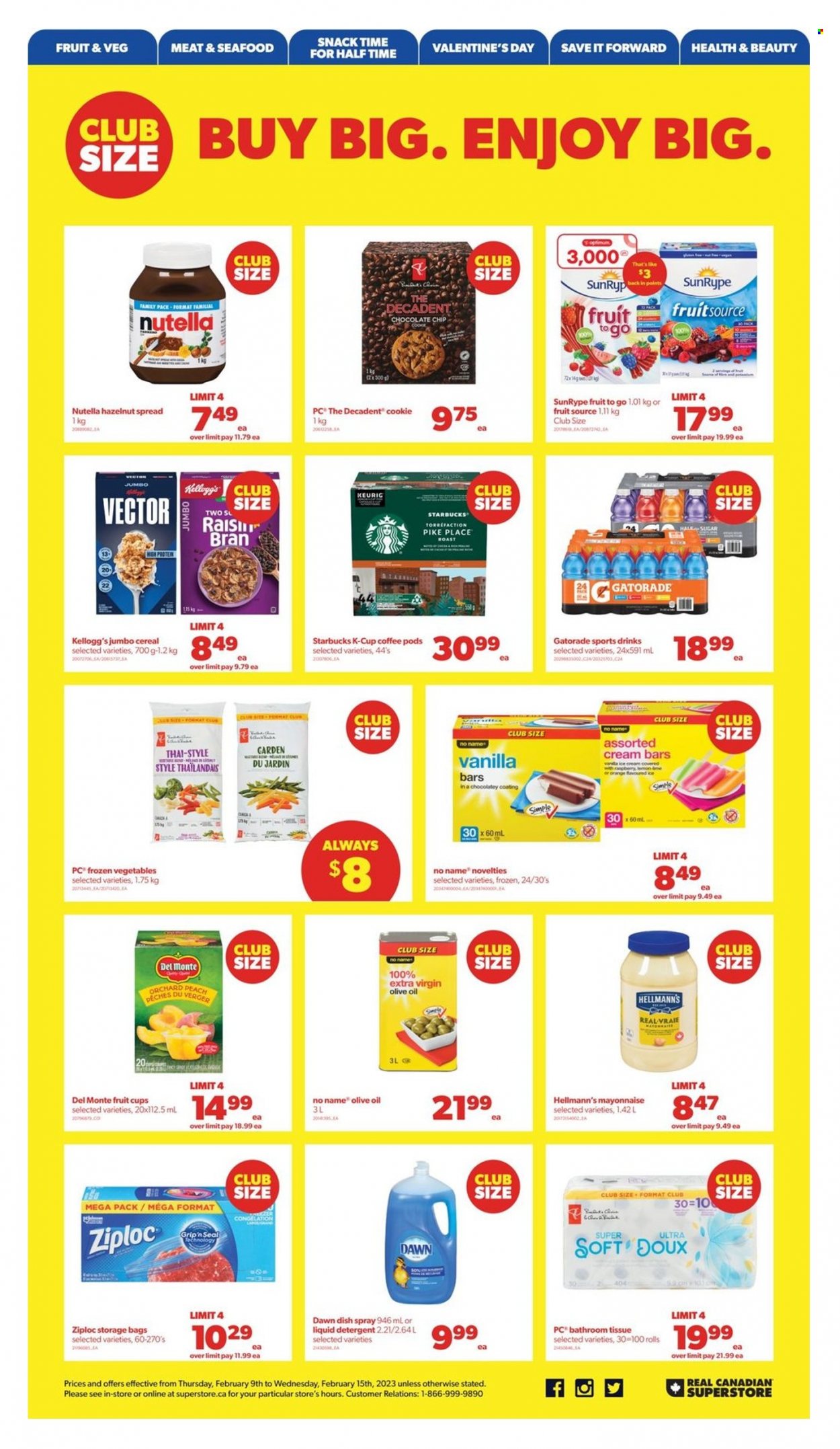 thumbnail - Real Canadian Superstore Flyer - February 09, 2023 - February 15, 2023 - Sales products - fruit cup, oranges, seafood, No Name, mayonnaise, Hellmann’s, ice cream, frozen vegetables, chocolate chips, snack, Kellogg's, sugar, Del Monte, cereals, extra virgin olive oil, olive oil, oil, hazelnut spread, Gatorade, coffee, coffee pods, coffee capsules, Starbucks, K-Cups, Keurig, bath tissue, liquid detergent, bag, Ziploc, storage bag, Optimum, detergent, Nutella. Page 13.