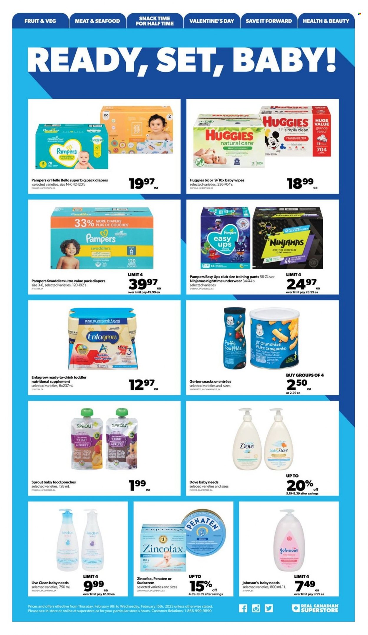 thumbnail - Real Canadian Superstore Flyer - February 09, 2023 - February 15, 2023 - Sales products - puffs, pears, seafood, cheddar, Dove, snack, Gerber, Lil' Crunchies, salsa, wipes, Pampers, pants, baby wipes, nappies, Johnson's, baby pants, nutritional supplement, Sudocrem, Huggies. Page 19.