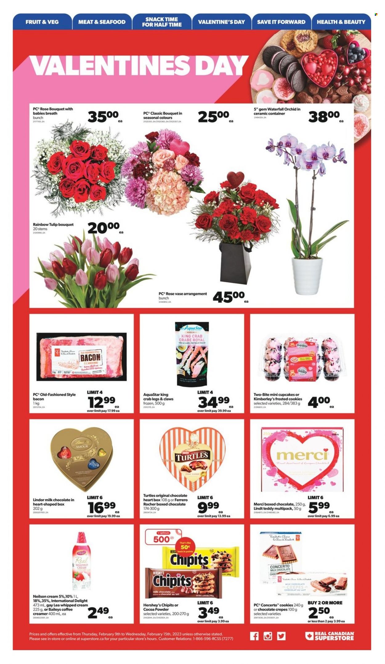 thumbnail - Real Canadian Superstore Flyer - February 09, 2023 - February 15, 2023 - Sales products - cupcake, king crab, seafood, crab legs, crab, bacon, whipped cream, creamer, Hershey's, cookies, milk chocolate, chocolate, snack, Merci, Baileys, wine, rosé wine, container, turtles, Optimum, vase, bouquet, rose, Lindt, Lindor, Ferrero Rocher. Page 4.