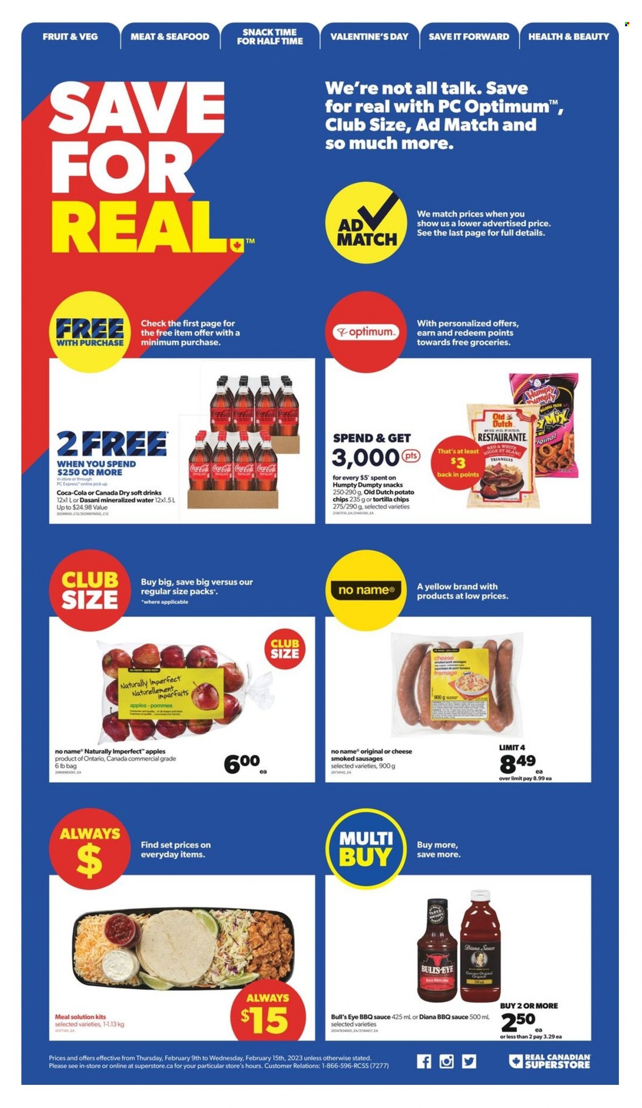 thumbnail - Real Canadian Superstore Flyer - February 09, 2023 - February 15, 2023 - Sales products - apples, seafood, No Name, sauce, sausage, snack, tortilla chips, potato chips, chips, BBQ sauce, Canada Dry, Coca-Cola, soft drink, Optimum. Page 11.