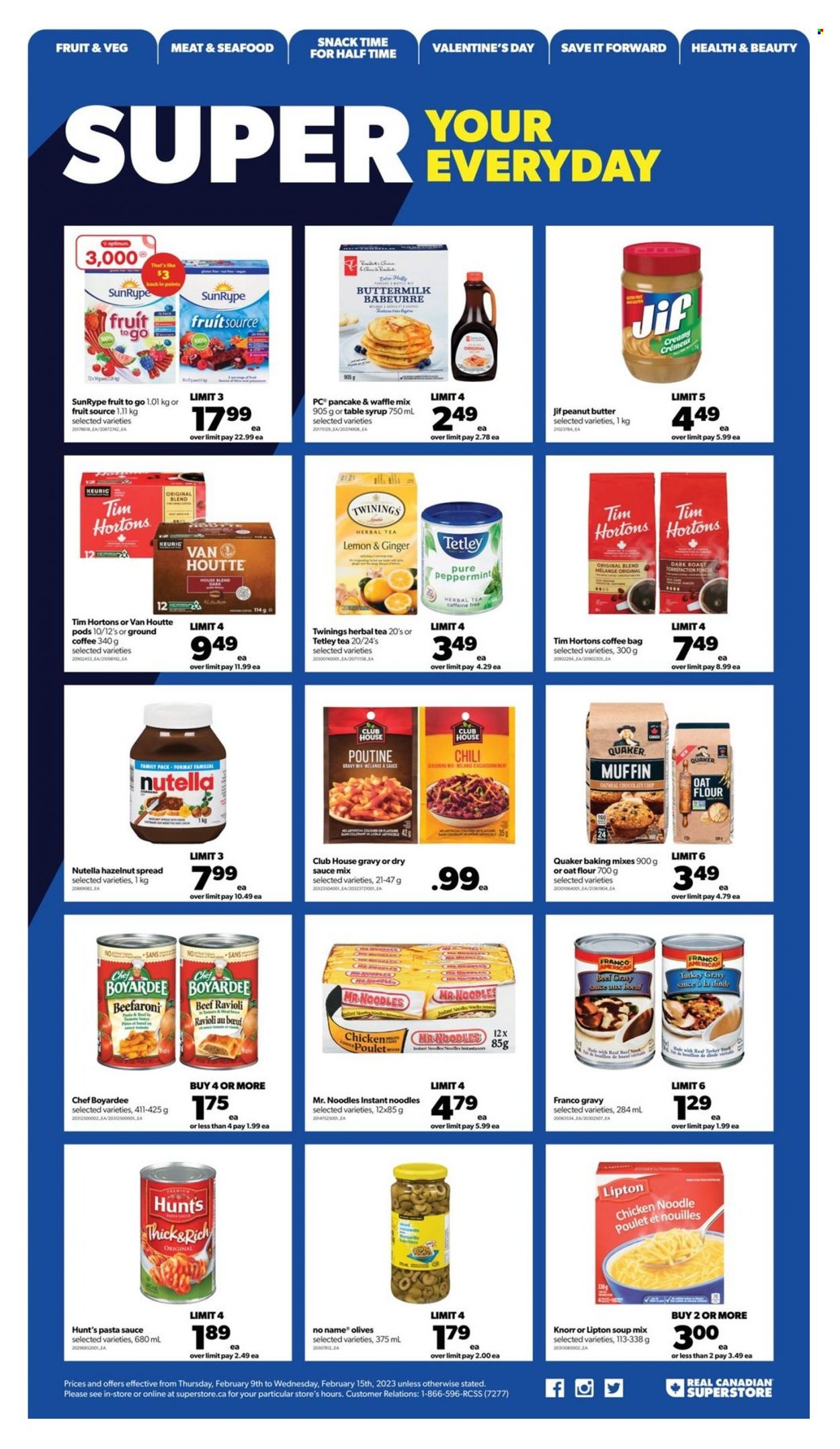 thumbnail - Real Canadian Superstore Flyer - February 09, 2023 - February 15, 2023 - Sales products - muffin, seafood, No Name, ravioli, pasta sauce, soup mix, soup, instant noodles, pancakes, Quaker, noodles, buttermilk, chocolate chips, snack, flour, baking mix, Chef Boyardee, gravy mix, peanut butter, syrup, hazelnut spread, Jif, tea, herbal tea, Twinings, coffee, ground coffee, bag, pen, Optimum, table, Nutella, olives, Lipton, Knorr. Page 14.