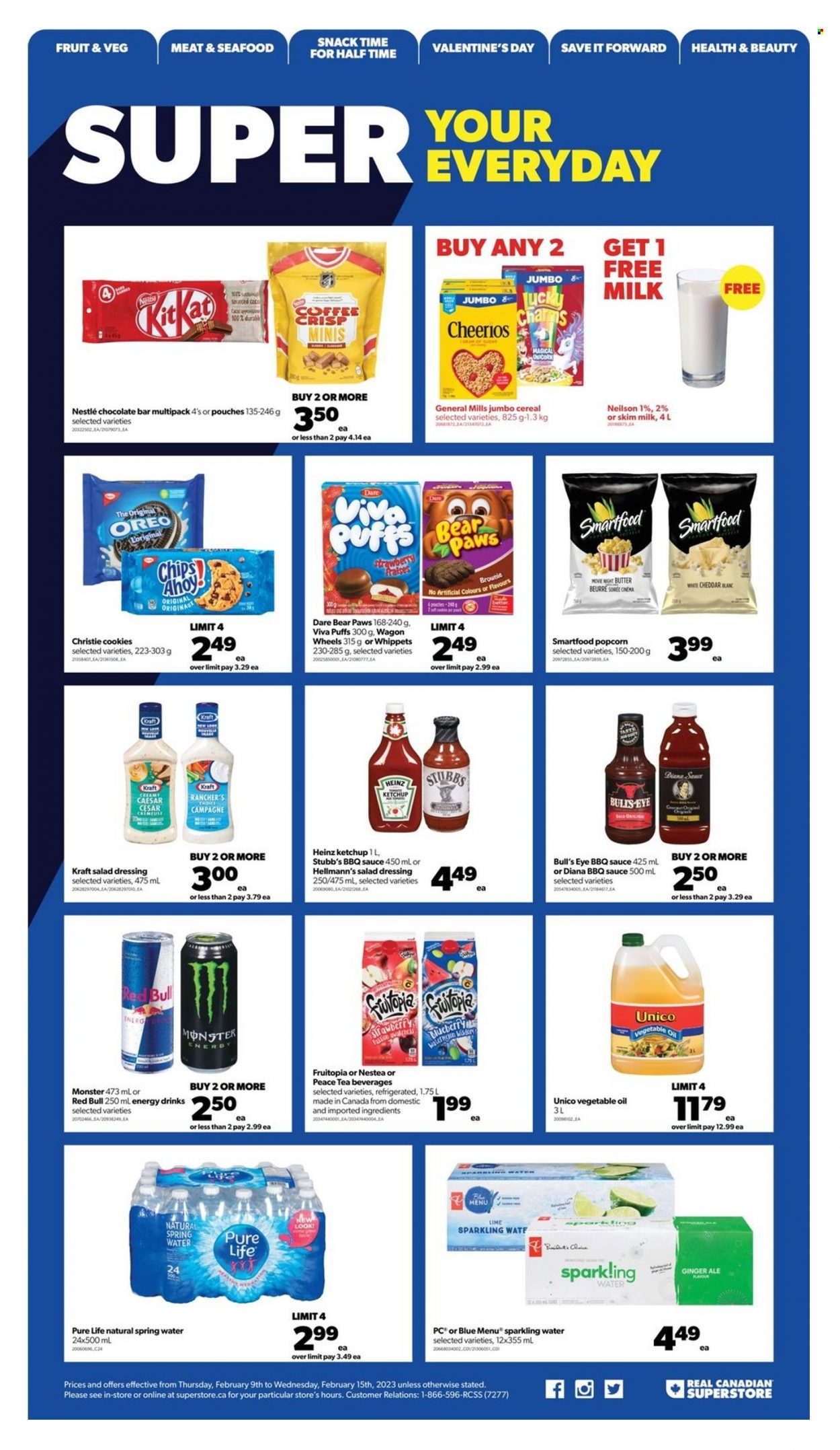 thumbnail - Real Canadian Superstore Flyer - February 09, 2023 - February 15, 2023 - Sales products - puffs, brownies, watermelon, seafood, Kraft®, milk, Hellmann’s, cookies, snack, KitKat, chocolate bar, chips, Smartfood, popcorn, cereals, Cheerios, BBQ sauce, salad dressing, dressing, vegetable oil, oil, ginger ale, energy drink, Monster, Red Bull, Monster Energy, spring water, sparkling water, tea, Paws, wagon, Nestlé, Heinz, ketchup, Oreo. Page 16.
