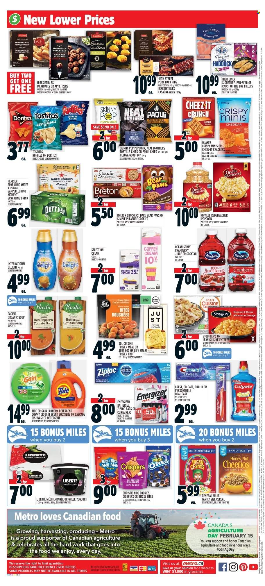 thumbnail - Metro Flyer - February 09, 2023 - February 15, 2023 - Sales products - butternut squash, haddock, macaroni & cheese, tomato soup, meatballs, soup, Quaker, lasagna meal, Lean Cuisine, dip, Stouffer's, cookies, crackers, Doritos, tortilla chips, popcorn, Cheez-It, Ruffles, Tostitos, Skinny Pop, cereals, Cheerios, cranberry juice, juice, Perrier, sparkling water, BROTHERS, ribs, pork meat, pork ribs, pork back ribs, Gain, Tide, laundry detergent, Cascade, scent booster, Crest, bag, Ziploc, pan, battery, Paws, detergent, Energizer, Colgate, Oreo, Oral-B. Page 2.