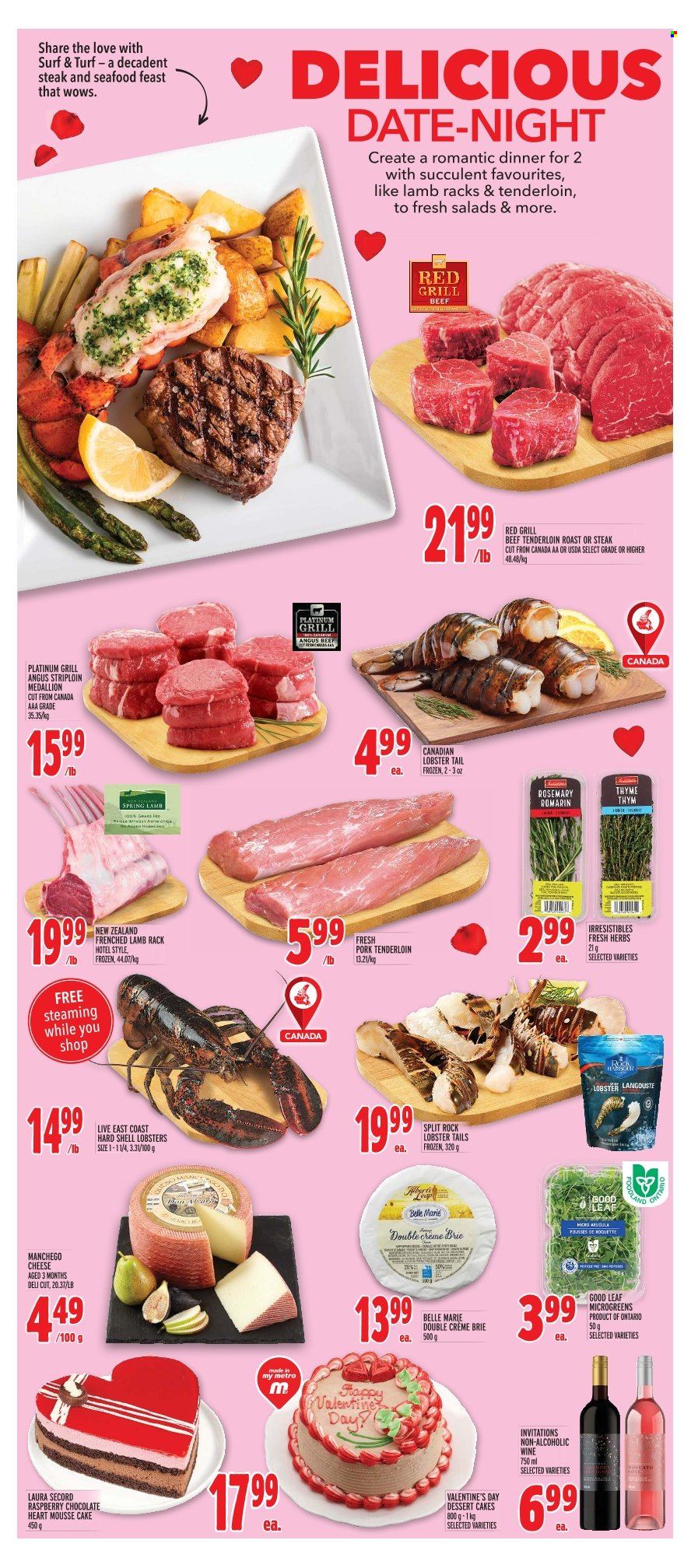 thumbnail - Metro Flyer - February 09, 2023 - February 15, 2023 - Sales products - cake, lobster, seafood, lobster tail, Manchego, cheese, brie, rosemary, herbs, wine, beef meat, beef tenderloin, pork meat, pork tenderloin, Surf, grill, succulent, steak. Page 4.