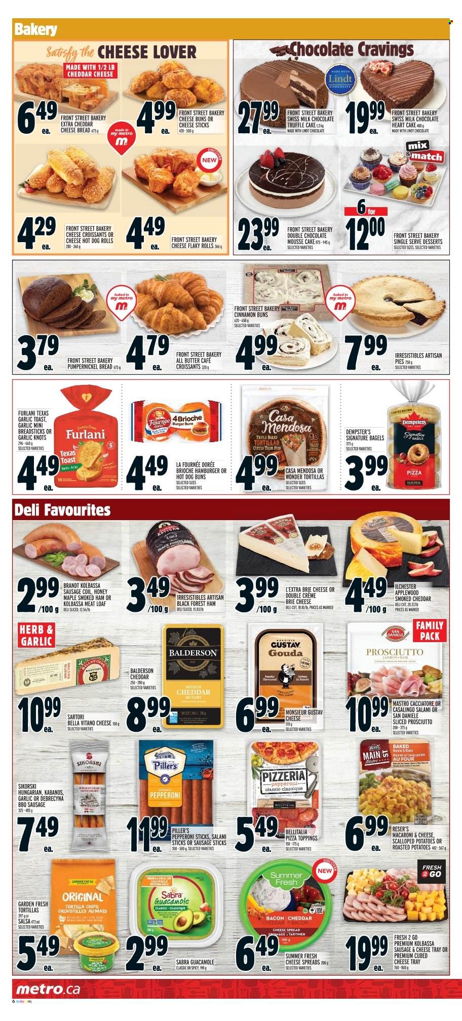 thumbnail - Metro Flyer - February 09, 2023 - February 15, 2023 - Sales products - bagels, bread, hot dog rolls, cake, croissant, buns, brioche, macaroni & cheese, pizza, bacon, salami, ham, prosciutto, smoked ham, sausage, pepperoni, cheese spread, guacamole, gouda, brie, BellaVitano, cheese sticks, milk chocolate, truffles, bread sticks, tortilla chips, chips, cinnamon, honey, Lindt. Page 9.