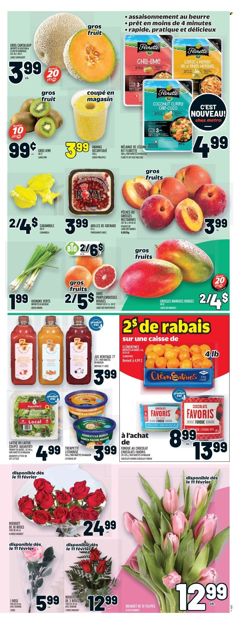 thumbnail - Metro Flyer - February 09, 2023 - February 15, 2023 - Sales products - cantaloupe, lettuce, green onion, clementines, grapefruits, nectarines, star fruit, pineapple, pomegranate, peaches, dip, juice, wine, rosé wine, bouquet, rose, kiwi. Page 5.