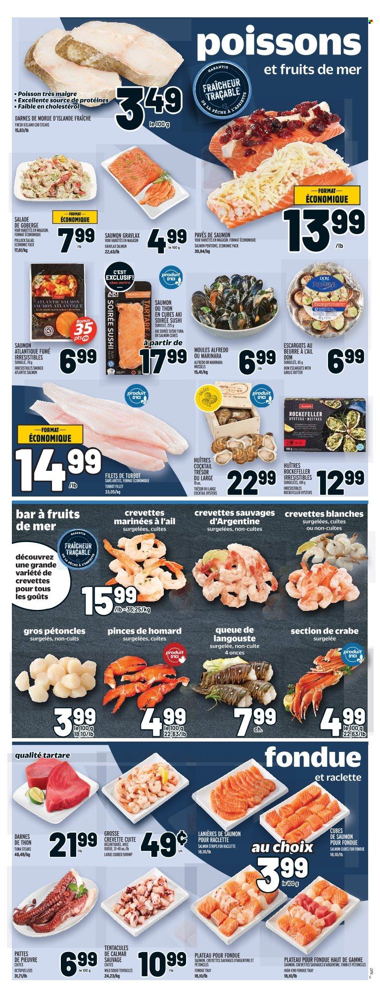 thumbnail - Metro Flyer - February 09, 2023 - February 15, 2023 - Sales products - cod, mussels, squid, tuna, pollock, octopus, oysters, turbot, shrimps, raclette cheese, strips, tray, steak. Page 7.