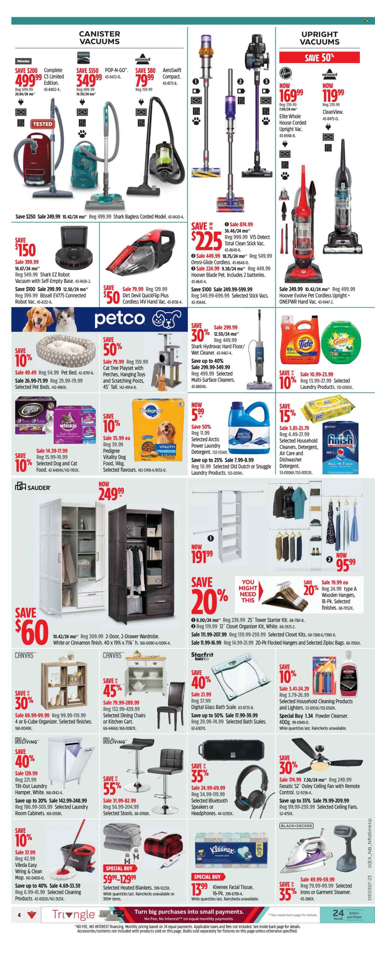 thumbnail - Canadian Tire Flyer - February 10, 2023 - February 16, 2023 - Sales products - chair, omni, scale, personal scale, Kleenex, tissues, cleaner, Snuggle, laundry detergent, cleanser, Ziploc, hanger, Vileda, laundry hamper, mop, canister, bulb, blanket, animal food, pet bed, cat tree, cat food, dog food, Pedigree, speaker, headphones, remote control, ceiling fan, Bissell, robot vacuum, garment steamer, kitchen cart, wardrobe, closet system, play set, cart, detergent. Page 4.
