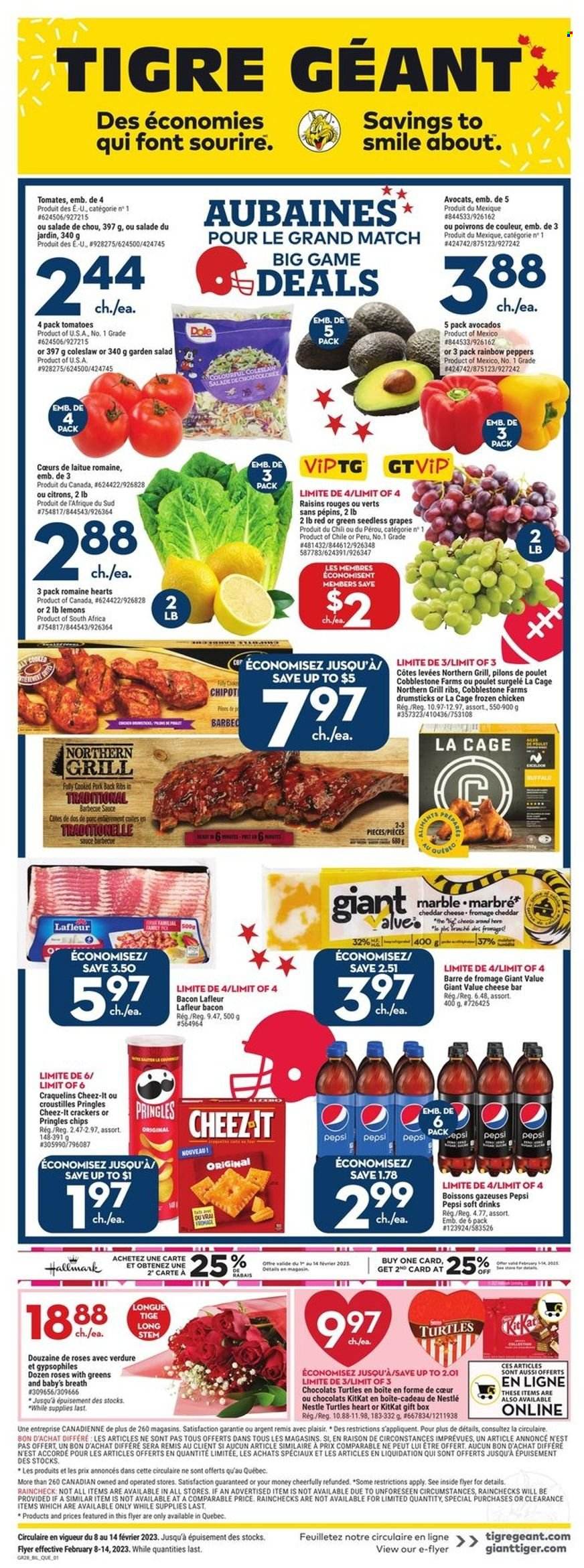 thumbnail - Giant Tiger Flyer - February 08, 2023 - February 14, 2023 - Sales products - tomatoes, salad, Dole, peppers, avocado, grapes, seedless grapes, lemons, coleslaw, sauce, bacon, KitKat, crackers, Pringles, Cheez-It, BBQ sauce, dried fruit, Pepsi, soft drink, chicken, ribs, pork meat, pork ribs, pork back ribs, gift box, turtles, cage, rose, Nestlé, raisins. Page 1.