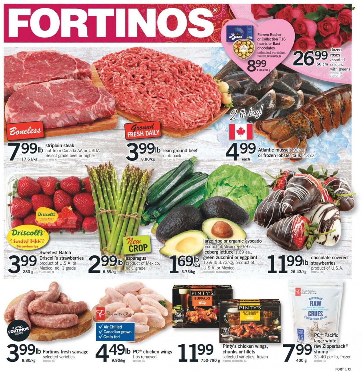 thumbnail - Fortinos Flyer - February 09, 2023 - February 15, 2023 - Sales products - zucchini, eggplant, avocado, strawberries, lobster, mussels, lobster tail, shrimps, sausage, honey, beef meat, ground beef, striploin steak, rose, steak, Ferrero Rocher. Page 1.