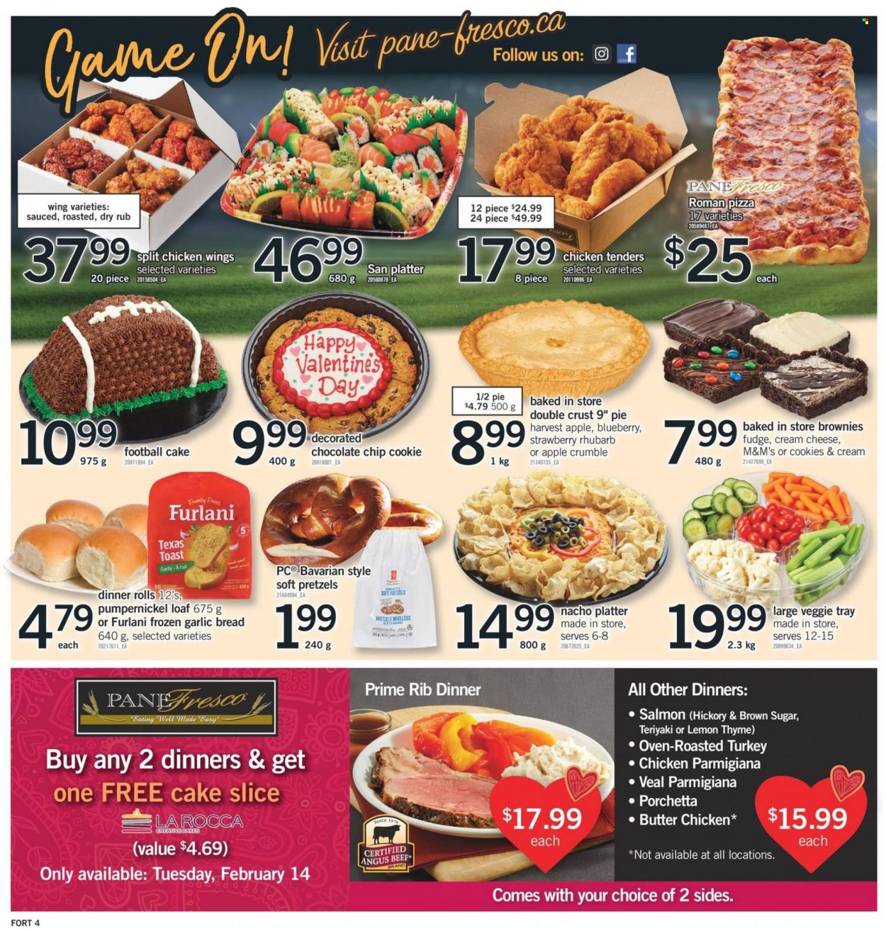 thumbnail - Fortinos Flyer - February 09, 2023 - February 15, 2023 - Sales products - bread, pretzels, cake, dinner rolls, brownies, rhubarb, salmon, pizza, chicken tenders, cream cheese, chicken wings, parmigiana, cookies, fudge, cane sugar, beef meat, tray, oven, M&M's. Page 5.