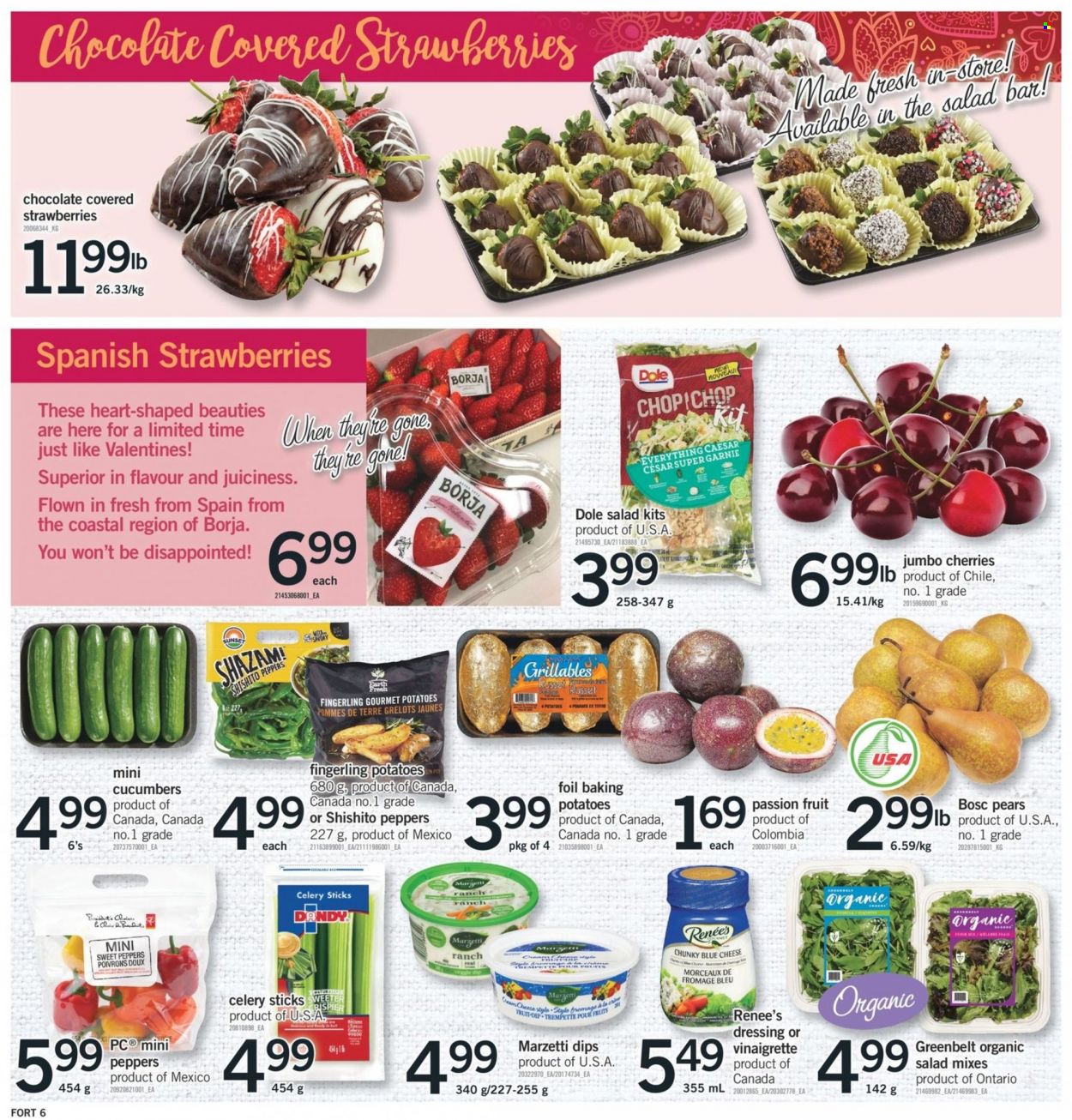 thumbnail - Fortinos Flyer - February 09, 2023 - February 15, 2023 - Sales products - cucumber, sweet peppers, potatoes, salad, Dole, peppers, strawberries, cherries, pears, cream cheese, dip, celery sticks, vinaigrette dressing, dressing. Page 7.