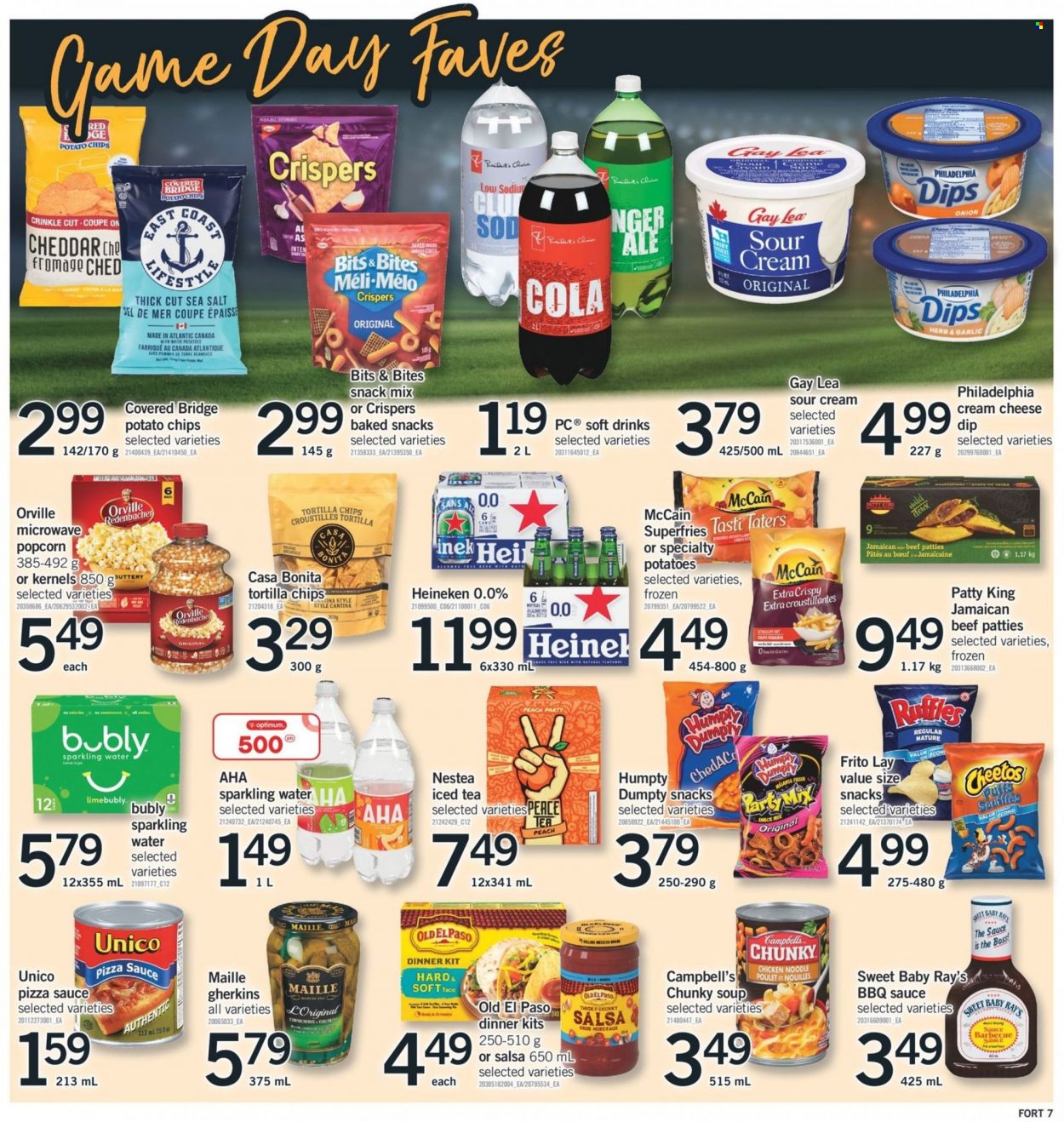 thumbnail - Fortinos Flyer - February 09, 2023 - February 15, 2023 - Sales products - Old El Paso, Campbell's, soup, dinner kit, noodles, cream cheese, sour cream, dip, McCain, potato fries, snack, tortilla chips, potato chips, Cheetos, popcorn, Ruffles, BBQ sauce, salsa, wing sauce, ice tea, soft drink, sparkling water, beer, Heineken, Optimum, bed, Shell, Philadelphia. Page 8.