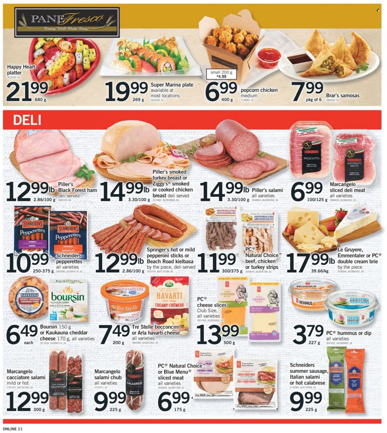 thumbnail - Fortinos Flyer - February 09, 2023 - February 15, 2023 - Sales products - salami, ham, prosciutto, sausage, summer sausage, pepperoni, kielbasa, tzatziki, hummus, bocconcini, Gruyere, sliced cheese, Havarti, cheddar, brie, Arla, dip, strips, popcorn, herbs, chicken, beef meat, roast beef, plate. Page 11.