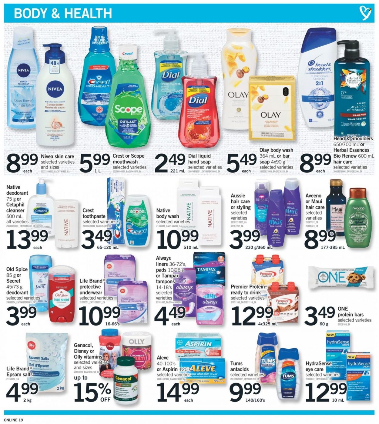 thumbnail - Fortinos Flyer - February 09, 2023 - February 15, 2023 - Sales products - Disney, milk, protein bar, spice, spring water, Aveeno, Nivea, Always liners, body wash, hand soap, soap bar, Dial, soap, toothpaste, mouthwash, Crest, tampons, cleanser, serum, toner, Olay, Aussie, Head & Shoulders, Herbal Essences, Maui Moisture, body lotion, shea butter, anti-perspirant, Lotus, tent, scope, Aleve, magnesium, argan oil, Low Dose, aspirin, shampoo, Tampax, Old Spice, deodorant. Page 18.