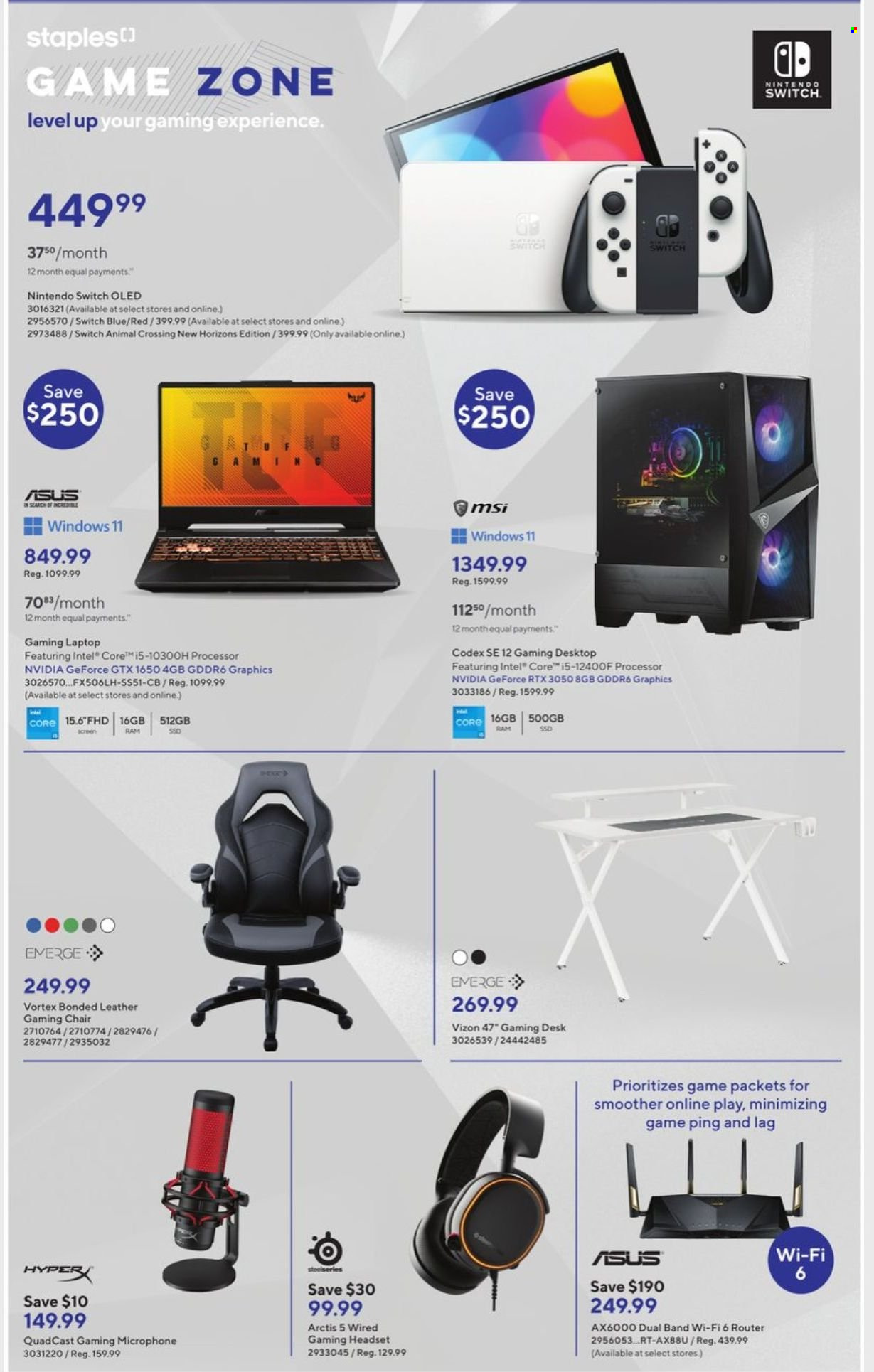 thumbnail - Bureau en Gros Flyer - February 08, 2023 - February 14, 2023 - Sales products - chair, gaming headset, Nintendo Switch, gaming desk, Intel, laptop, gaming laptop, MSI, GeForce, router, microphone, headset, desk, Asus. Page 13.