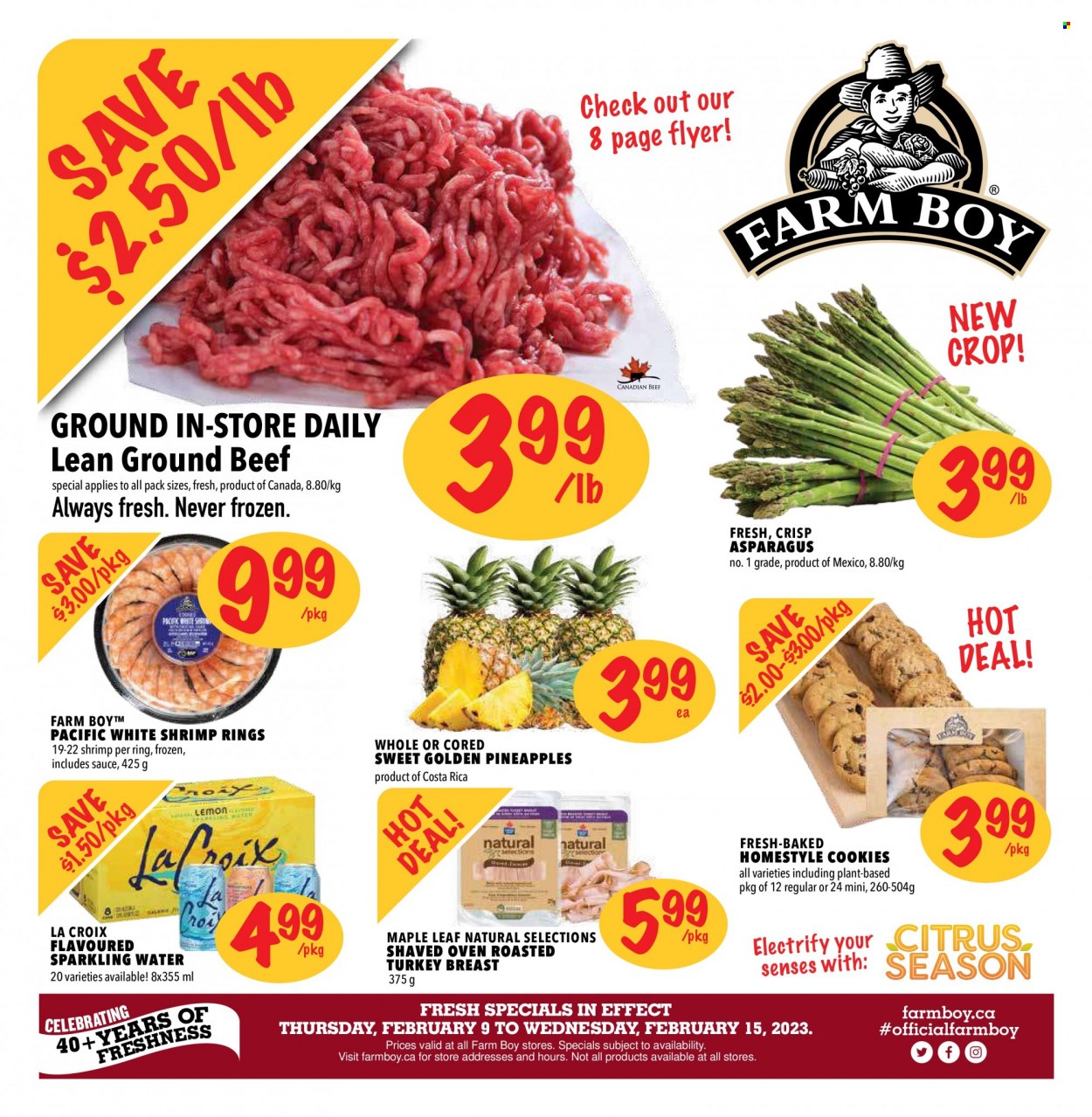 thumbnail - Farm Boy Flyer - February 09, 2023 - February 15, 2023 - Sales products - asparagus, pineapple, shrimps, cookies, sparkling water, beef meat, ground beef. Page 1.