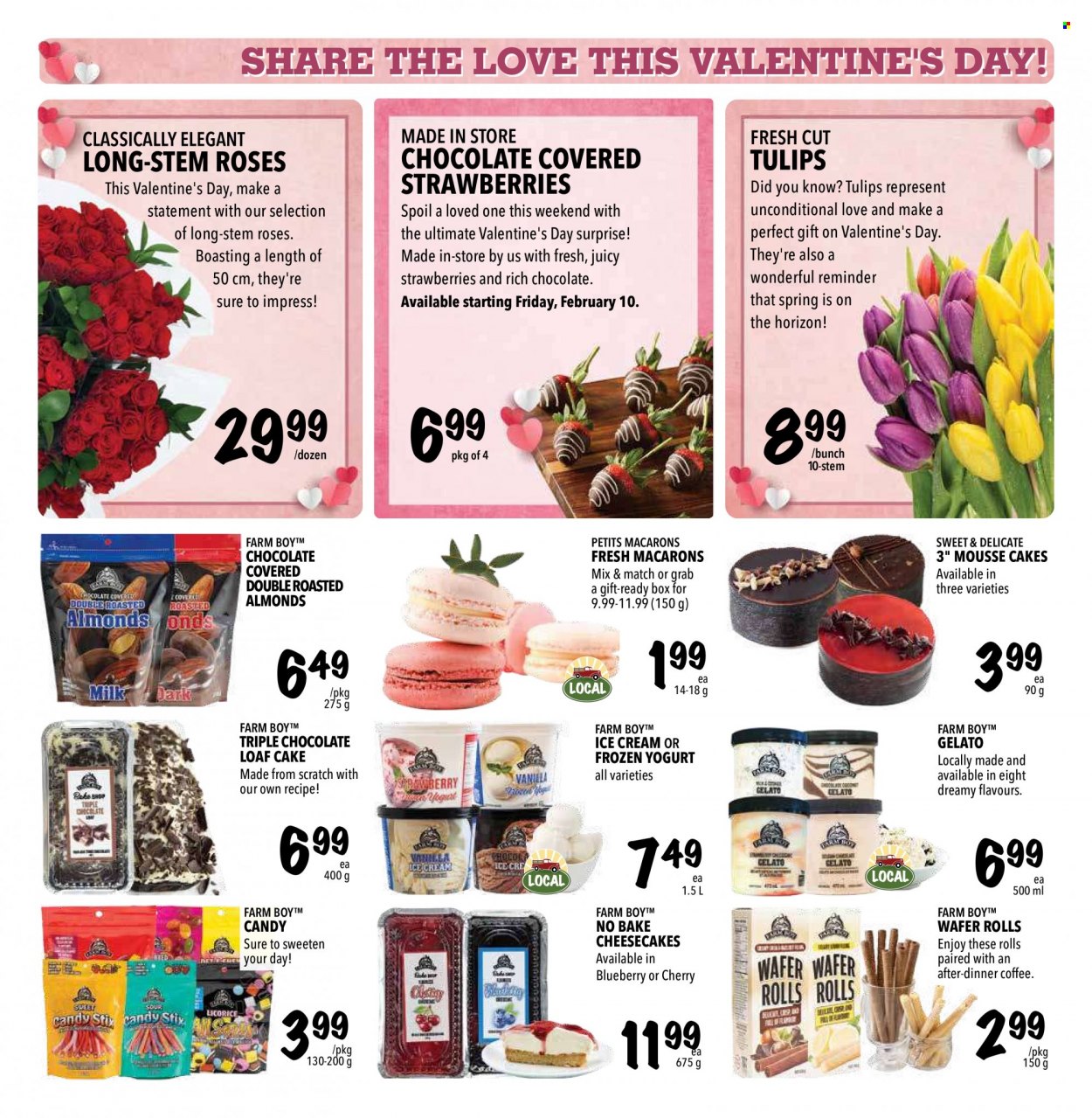 thumbnail - Farm Boy Flyer - February 09, 2023 - February 15, 2023 - Sales products - cake, macaroons, loaf cake, yoghurt, ice cream, gelato, wafers, almonds, coffee. Page 7.