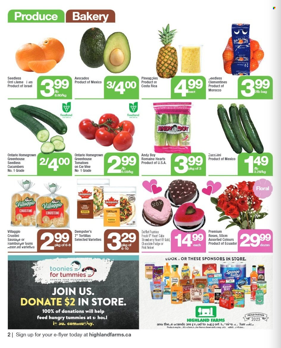 thumbnail - Highland Farms Flyer - February 09, 2023 - February 22, 2023 - Sales products - tortillas, cake, buns, burger buns, cucumber, zucchini, avocado, clementines, pineapple, sausage, fudge, Raisin Bran, rice. Page 2.
