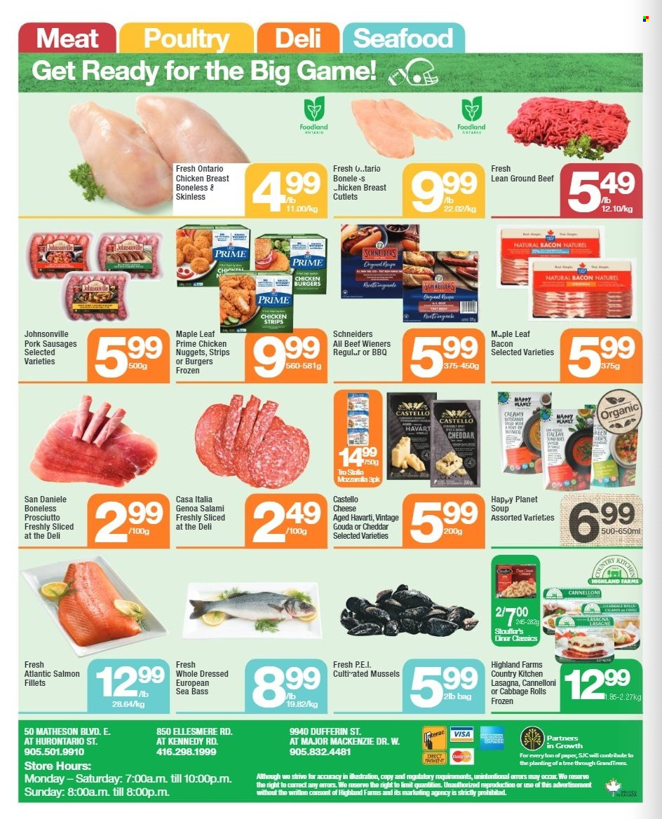 thumbnail - Highland Farms Flyer - February 09, 2023 - February 22, 2023 - Sales products - cabbage, mussels, salmon, salmon fillet, sea bass, seafood, soup, nuggets, chicken nuggets, lasagna meal, bacon, salami, prosciutto, Johnsonville, sausage, gouda, Havarti, cheese, strips, chicken strips, Stouffer's, chicken breasts, chicken, beef meat, ground beef, mozzarella. Page 4.