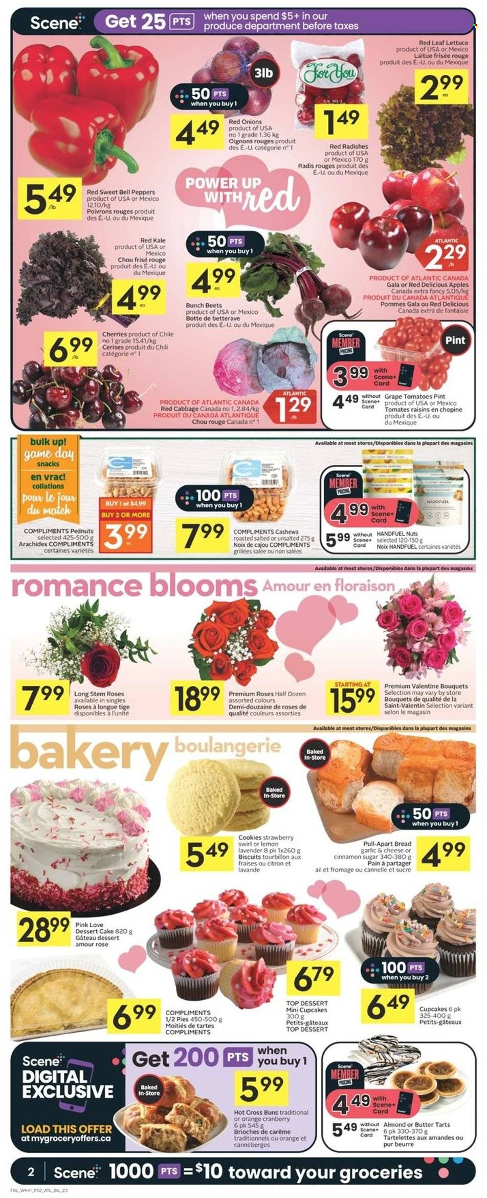 thumbnail - Co-op Flyer - February 09, 2023 - February 15, 2023 - Sales products - bread, cake, buns, cupcake, bell peppers, cabbage, radishes, red onions, tomatoes, kale, onion, lettuce, peppers, apples, Gala, Red Delicious apples, cherries, oranges, cookies, snack, biscuit, sugar, cinnamon, peanuts, dried fruit, wine, rosé wine, bouquet, rose, raisins. Page 2.