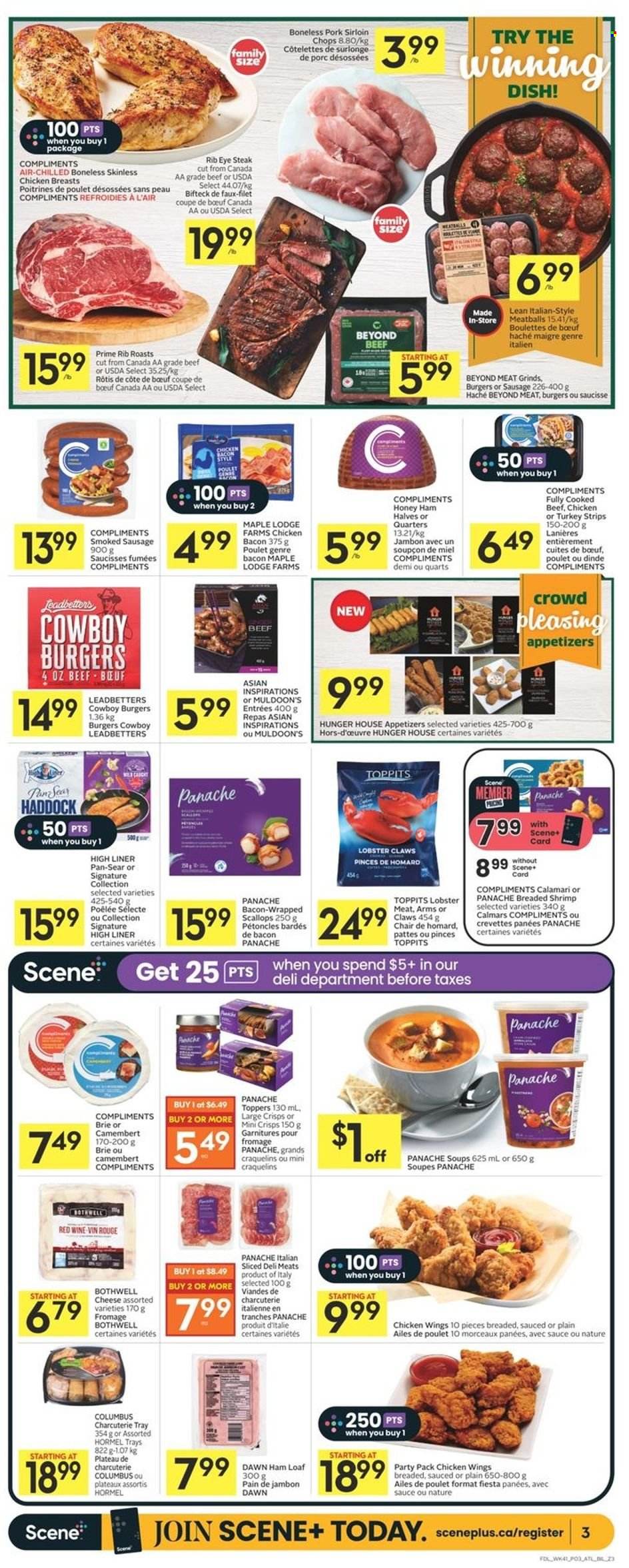 thumbnail - Co-op Flyer - February 09, 2023 - February 15, 2023 - Sales products - peaches, bacon wrapped scallops, calamari, lobster, scallops, haddock, shrimps, meatballs, hamburger, sauce, Hormel, bacon, ham, sausage, smoked sausage, cheese, brie, chicken wings, strips, beef meat, ribeye steak, pork loin, camembert, steak. Page 3.