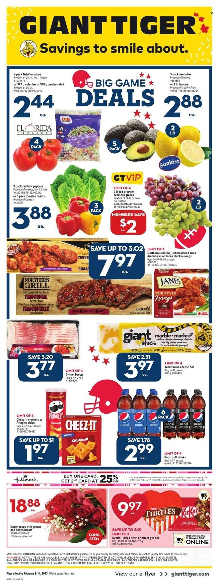 thumbnail - Giant Tiger Flyer - February 08, 2023 - February 14, 2023 - Sales products - tomatoes, salad, Dole, peppers, avocado, grapes, seedless grapes, lemons, coleslaw, sauce, bacon, chicken wings, KitKat, crackers, Pringles, chips, Cheez-It, BBQ sauce, Pepsi, soft drink, ribs, pork meat, pork ribs, pork back ribs, gift box, turtles, rose, Nestlé. Page 1.