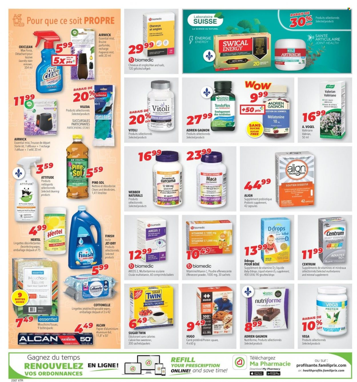 thumbnail - Familiprix Extra Flyer - February 09, 2023 - February 15, 2023 - Sales products - sweetener, wipes, Cottonelle, tissues, Pine-Sol, OxiClean, Jet, fragrance, diffuser, Air Wick, multivitamin, vitamin c, vitamin D3, Centrum. Page 7.