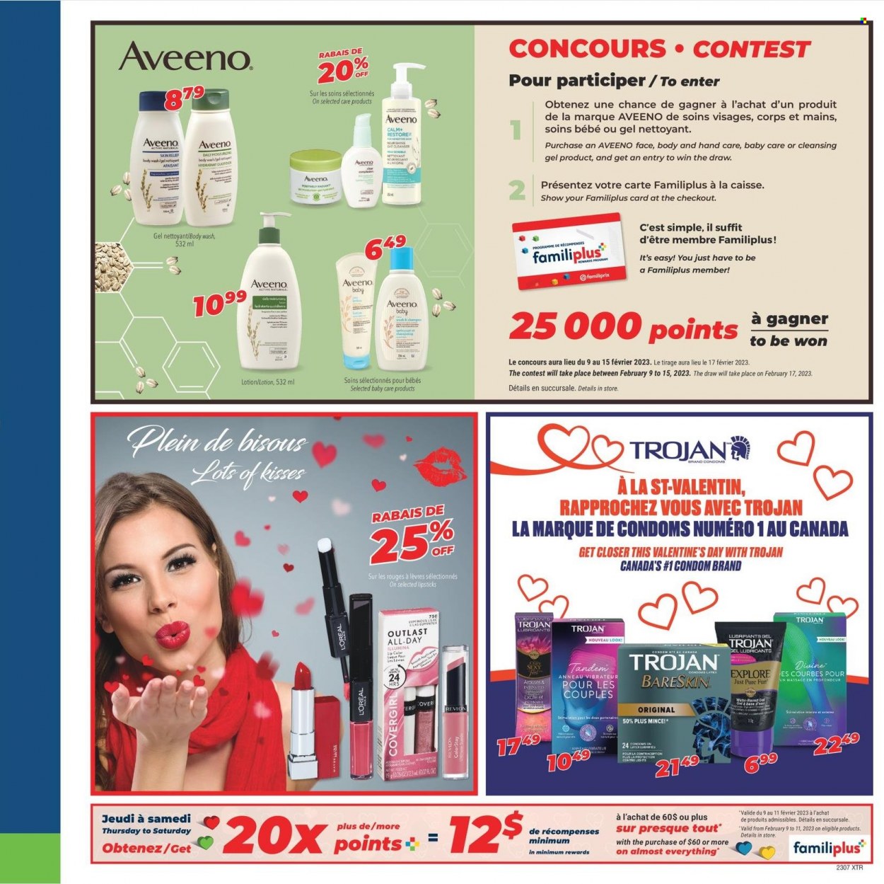 thumbnail - Familiprix Extra Flyer - February 09, 2023 - February 15, 2023 - Sales products - Aveeno, body wash, L’Oréal, body lotion, condom, lipstick. Page 12.