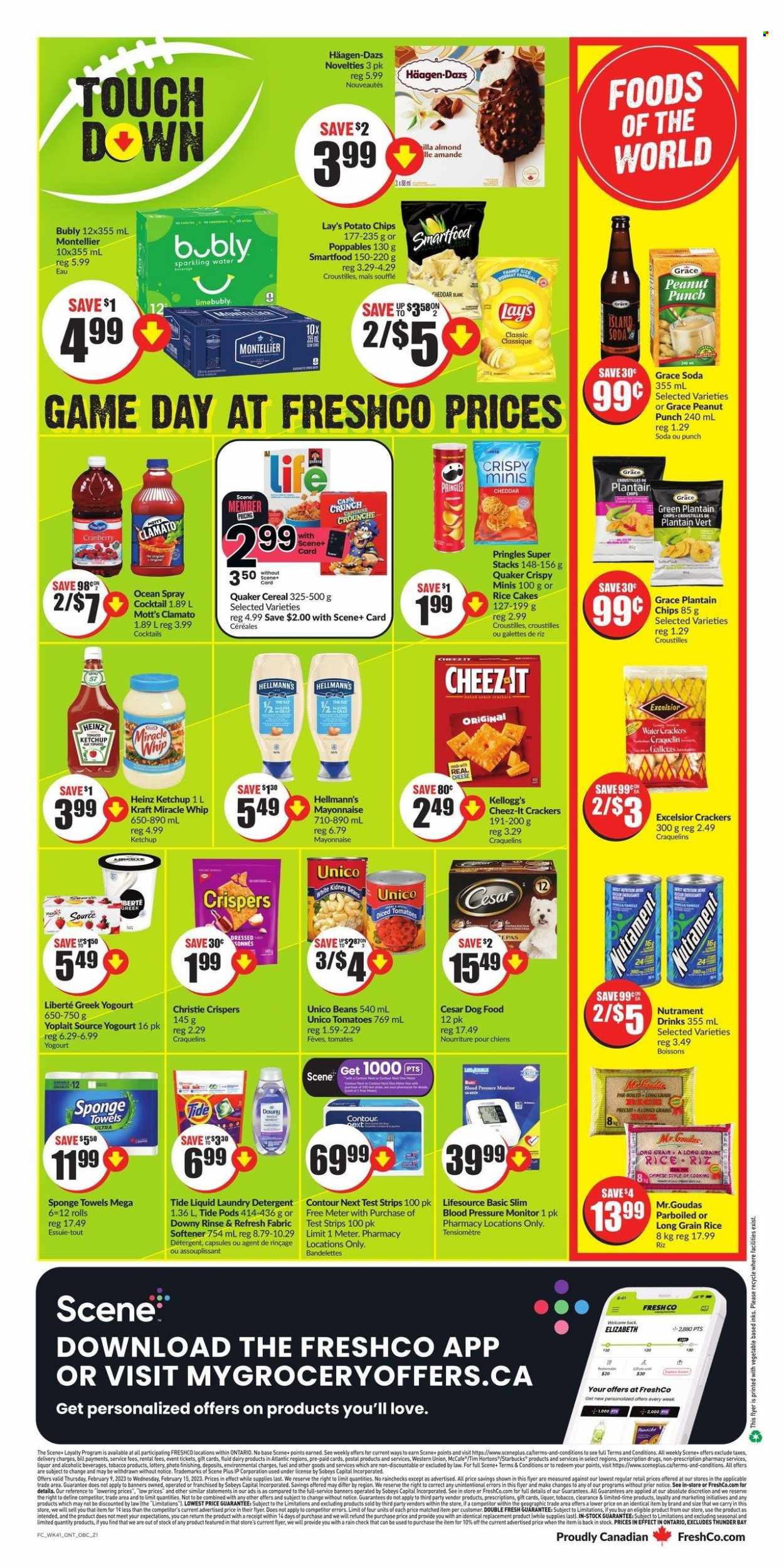 thumbnail - FreshCo. Flyer - February 09, 2023 - February 15, 2023 - Sales products - beans, Mott's, Quaker, Kraft®, Yoplait, mayonnaise, Miracle Whip, Hellmann’s, Häagen-Dazs, crackers, Kellogg's, potato chips, Pringles, chips, Lay’s, Smartfood, Cheez-It, cereals, long grain rice, Clamato, soda, sparkling water, punch, liquor, Absolute, animal food, dog food, detergent, Heinz, ketchup. Page 7.