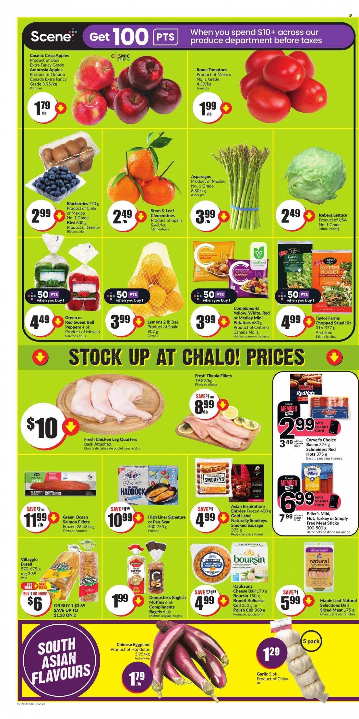 thumbnail - Chalo! FreshCo. Flyer - February 09, 2023 - February 15, 2023 - Sales products - bagels, bread, english muffins, asparagus, bell peppers, garlic, tomatoes, potatoes, lettuce, salad, peppers, eggplant, chopped salad, apples, blueberries, clementines, lemons, salmon, salmon fillet, tilapia, haddock, bacon, sausage, smoked sausage, cheddar, cheese, Classico, chicken legs, kiwi. Page 2.