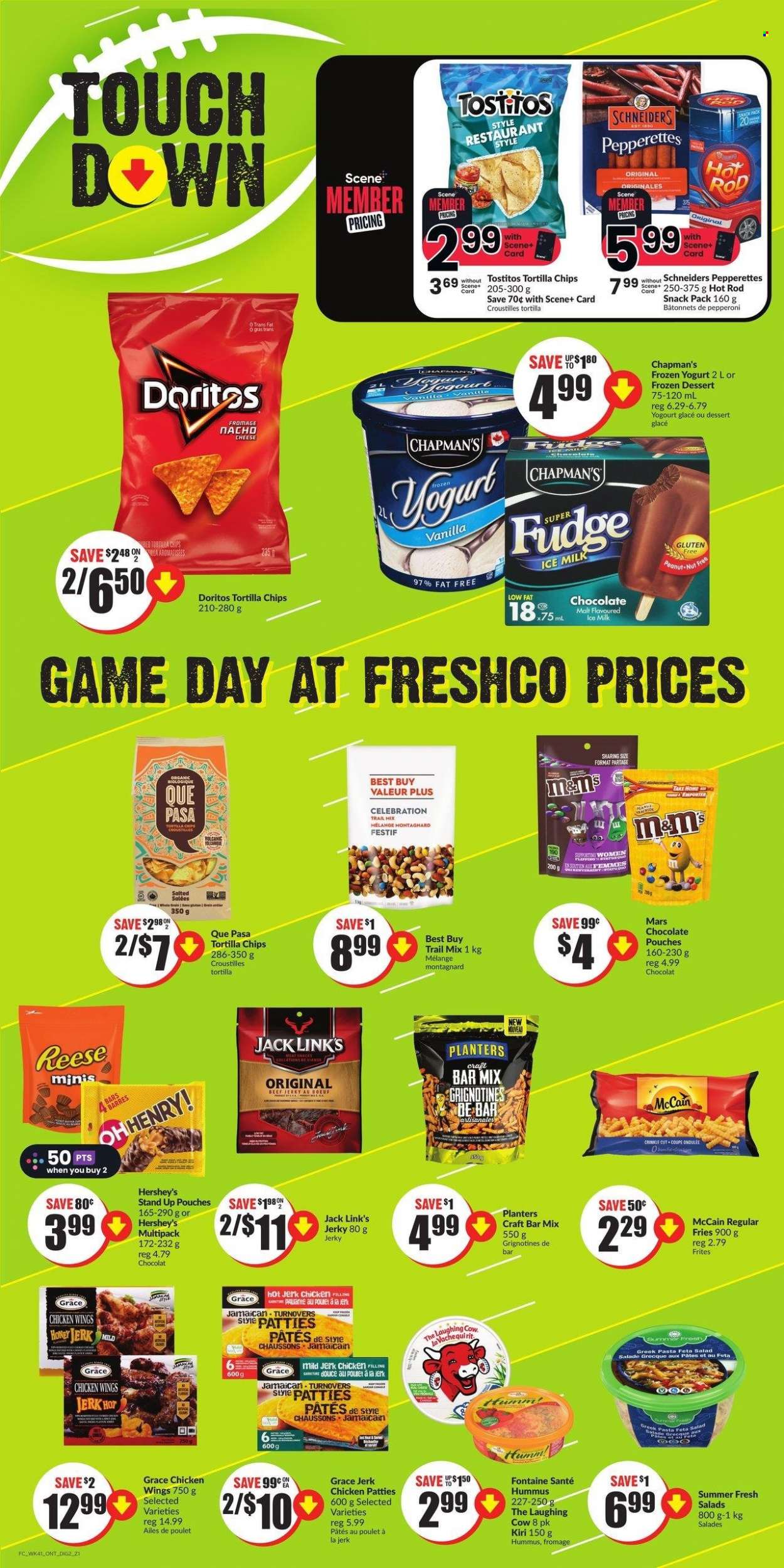 thumbnail - Chalo! FreshCo. Flyer - February 09, 2023 - February 15, 2023 - Sales products - turnovers, salad, pasta, beef jerky, jerky, pepperoni, hummus, Kiri, The Laughing Cow, feta, yoghurt, milk, Hershey's, chicken wings, chicken patties, McCain, potato fries, crinkle fries, fudge, Mars, Celebration, Doritos, tortilla chips, Tostitos, Jack Link's, honey, Planters, trail mix, M&M's. Page 10.