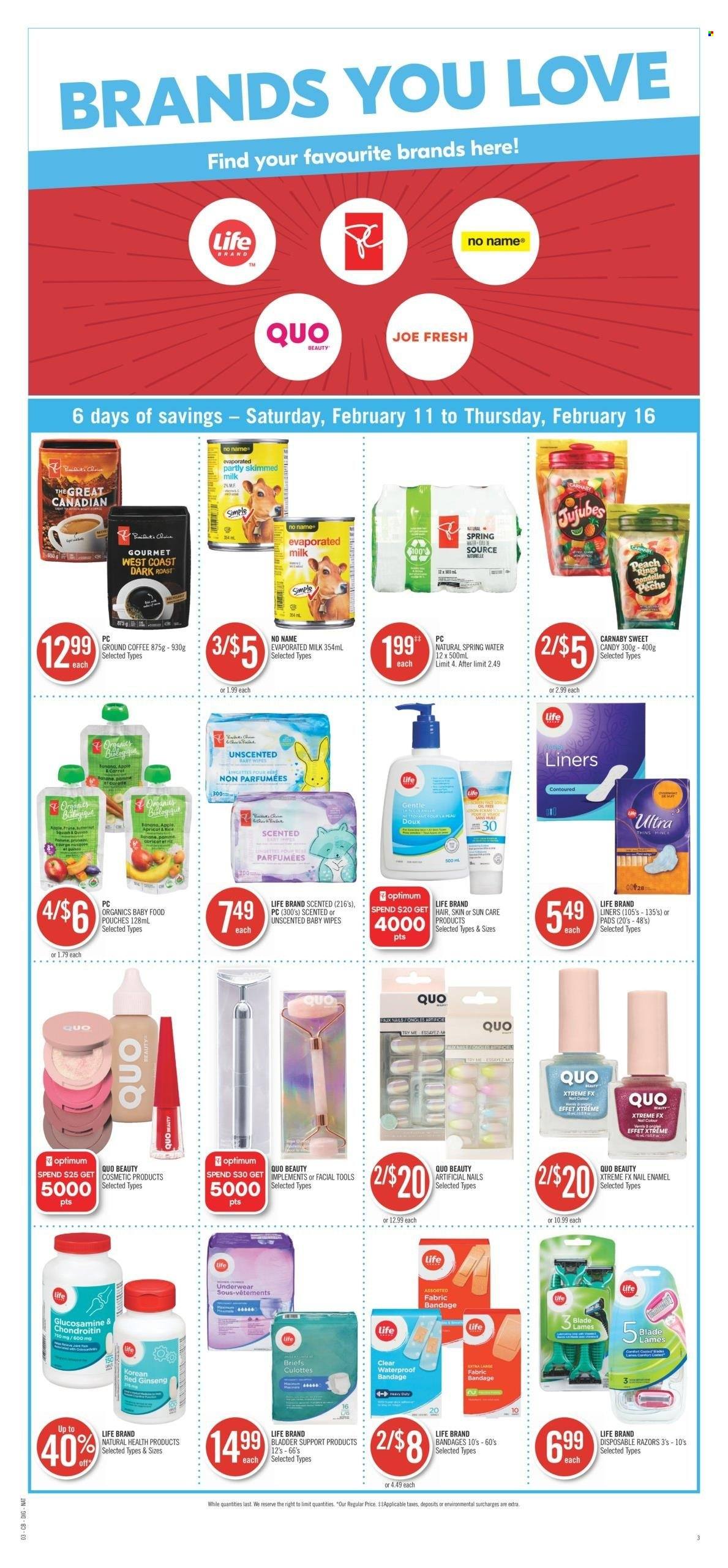 thumbnail - Shoppers Drug Mart Flyer - February 11, 2023 - February 16, 2023 - Sales products - Apple, No Name, evaporated milk, spring water, coffee, ground coffee, wipes, baby wipes, disposable razor, nail enamel, Optimum, glucosamine, ginseng, underwear, briefs, quinoa. Page 11.