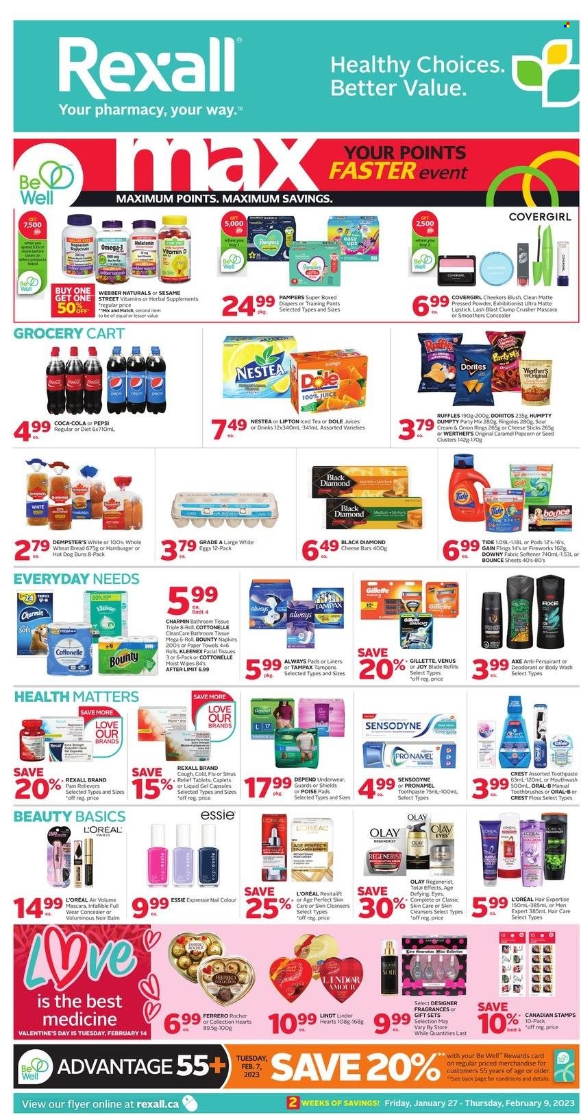 thumbnail - Rexall Flyer - January 27, 2023 - February 09, 2023 - Sales products - wheat bread, buns, eggs, onion rings, cheese sticks, Bounty, hamper, Sesame Street, Doritos, Ruffles, Dole, caramel, Pepsi, juice, ice tea, Bai, wipes, Pampers, pants, nappies, napkins, baby pants, bath tissue, Cottonelle, Kleenex, kitchen towels, paper towels, Charmin, Gain, Tide, fabric softener, Bounce, Downy Laundry, Joy, body wash, toothpaste, mouthwash, Crest, Always pads, sanitary pads, tampons, facial tissues, Gillette, L’Oréal, Olay, anti-perspirant, Axe, Venus, corrector, lipstick, mascara, face powder, magnesium, Melatonin, Omega-3, Tampax, Oral-B, Sensodyne, Lipton, Lindt, Lindor, Ferrero Rocher, deodorant. Page 1.