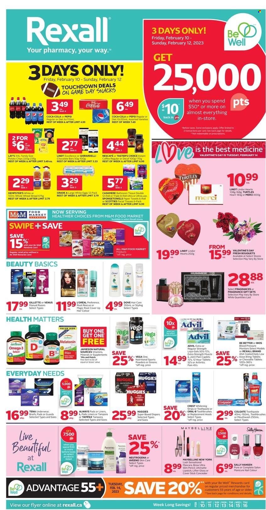 thumbnail - Rexall Flyer - February 10, 2023 - February 16, 2023 - Sales products - wheat bread, eggs, strips, Dove, snack, Merci, Ghirardelli, chocolate bar, potato chips, chips, Lay’s, Coca-Cola, Pepsi, coffee, instant coffee, nappies, Aveeno, bath tissue, kitchen towels, paper towels, toothpaste, mouthwash, Crest, Always pads, sanitary pads, tampons, facial tissues, Gillette, L’Oréal, hair color, fragrance, Venus, manicure, corrector, lipstick, mascara, Maybelline, hook, pot, pencil, Melatonin, Omega-3, Advil Rapid, Low Dose, pressure monitor, Colgate, Neutrogena, Sally Hansen, Tampax, Huggies, Oral-B, Lindt, Lindor, Nescafé, M&M's. Page 1.