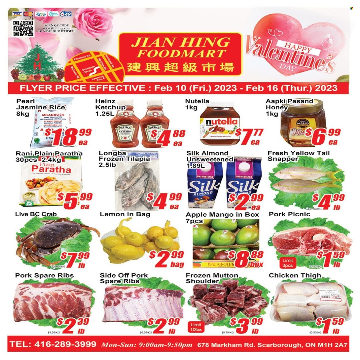 thumbnail - Jian Hing Supermarket Flyer - February 10, 2023 - February 16, 2023 - Sales products - mango, tilapia, crab, rice, jasmine rice, honey, ribs, pork meat, pork ribs, pork spare ribs, mutton meat, Heinz, ketchup, Nutella. Page 1.