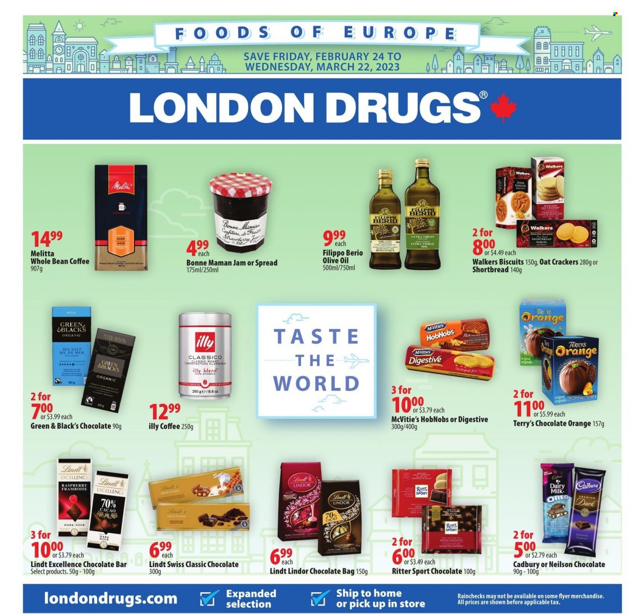 thumbnail - London Drugs Flyer - February 24, 2023 - March 22, 2023 - Sales products - crackers, biscuit, Cadbury, Dairy Milk, Ritter Sport, chocolate bar, flour, oats, ginger, Classico, extra virgin olive oil, olive oil, oil, fruit jam, hazelnuts, coffee, Illy, Oreo, Lindt, Lindor. Page 1.