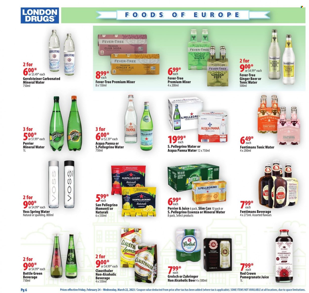 thumbnail - London Drugs Flyer - February 24, 2023 - March 22, 2023 - Sales products - ginger ale, juice, tonic, Perrier, mineral water, spring water, Voss, San Pellegrino, water, gin, beer, Grolsch, pan, mixer, ginger beer. Page 6.