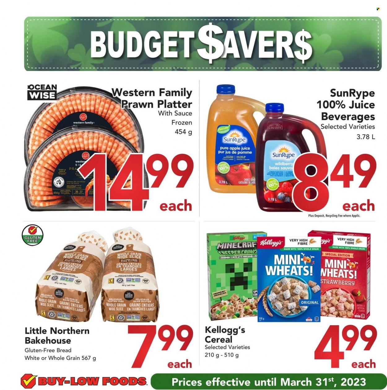 thumbnail - Buy-Low Foods Flyer - March 01, 2023 - March 31, 2023 - Sales products - bread, prawns, marshmallows, Kellogg's, cereals, cinnamon, apple juice, juice. Page 1.
