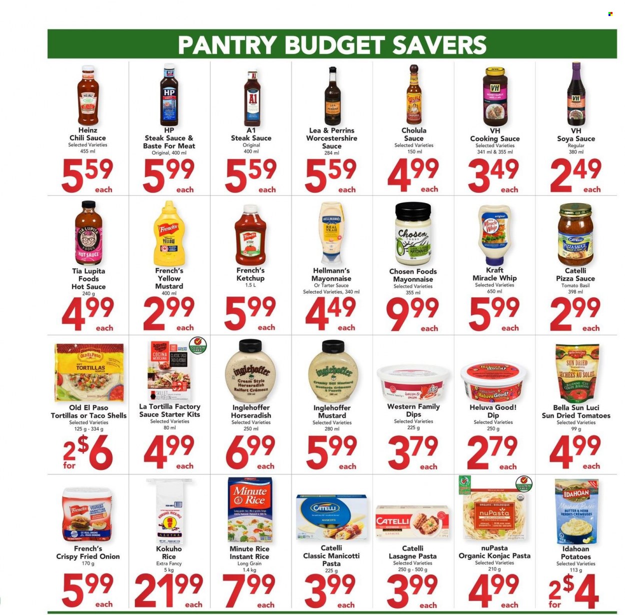 thumbnail - Buy-Low Foods Flyer - March 01, 2023 - March 31, 2023 - Sales products - tortillas, Old El Paso, garlic, horseradish, pasta, Kraft®, bacon, mayonnaise, Miracle Whip, tartar sauce, dip, Hellmann’s, dried tomatoes, Bella Sun Luci, long grain rice, mustard, soy sauce, steak sauce, worcestershire sauce, hot sauce, chilli sauce, honey, Heinz, ketchup, steak. Page 2.