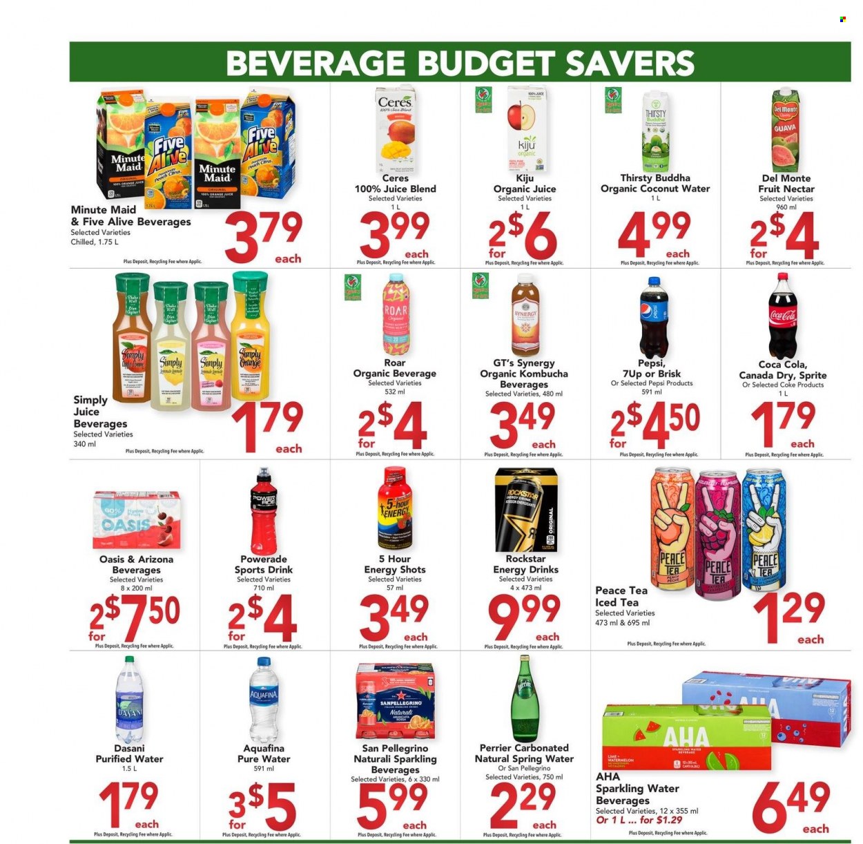 thumbnail - Buy-Low Foods Flyer - March 01, 2023 - March 31, 2023 - Sales products - guava, watermelon, Del Monte, Canada Dry, Coca-Cola, Sprite, Powerade, Pepsi, juice, energy drink, ice tea, fruit nectar, coconut water, 7UP, Cerés, AriZona, Perrier, Rockstar, fruit punch, Coke, Aquafina, spring water, sparkling water, purified water, San Pellegrino, water, kombucha. Page 6.