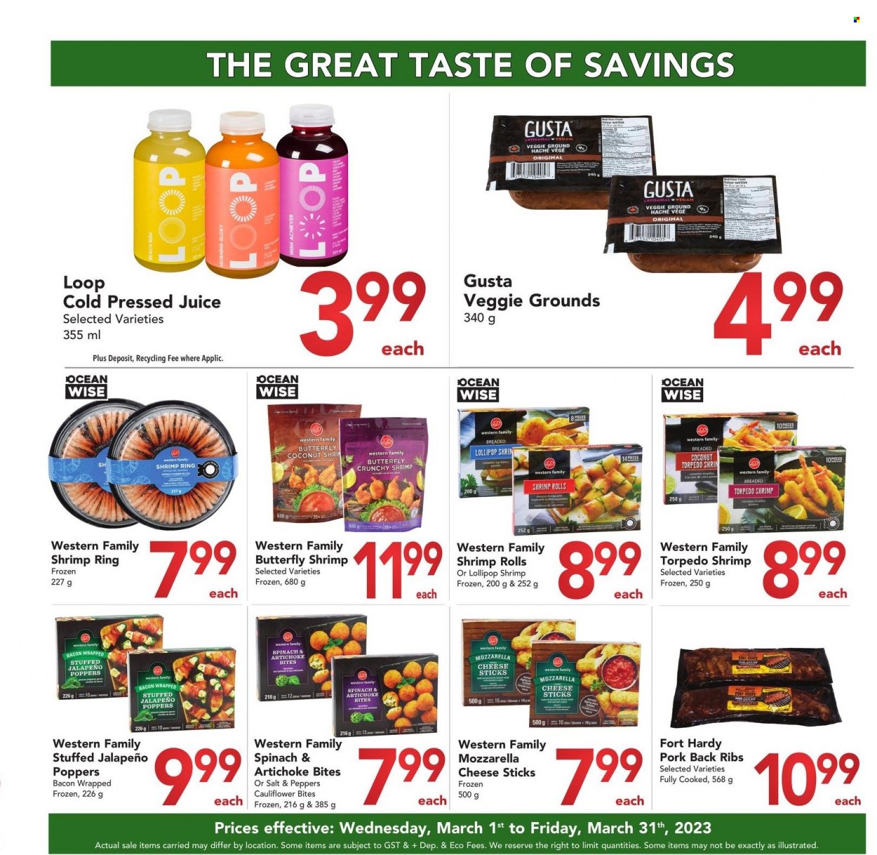 thumbnail - Buy-Low Foods Flyer - March 01, 2023 - March 31, 2023 - Sales products - cauliflower, peppers, jalapeño, shrimps, bacon, cheese, cheese sticks, lollipop, juice, ribs, pork meat, pork ribs, pork back ribs, mozzarella. Page 11.