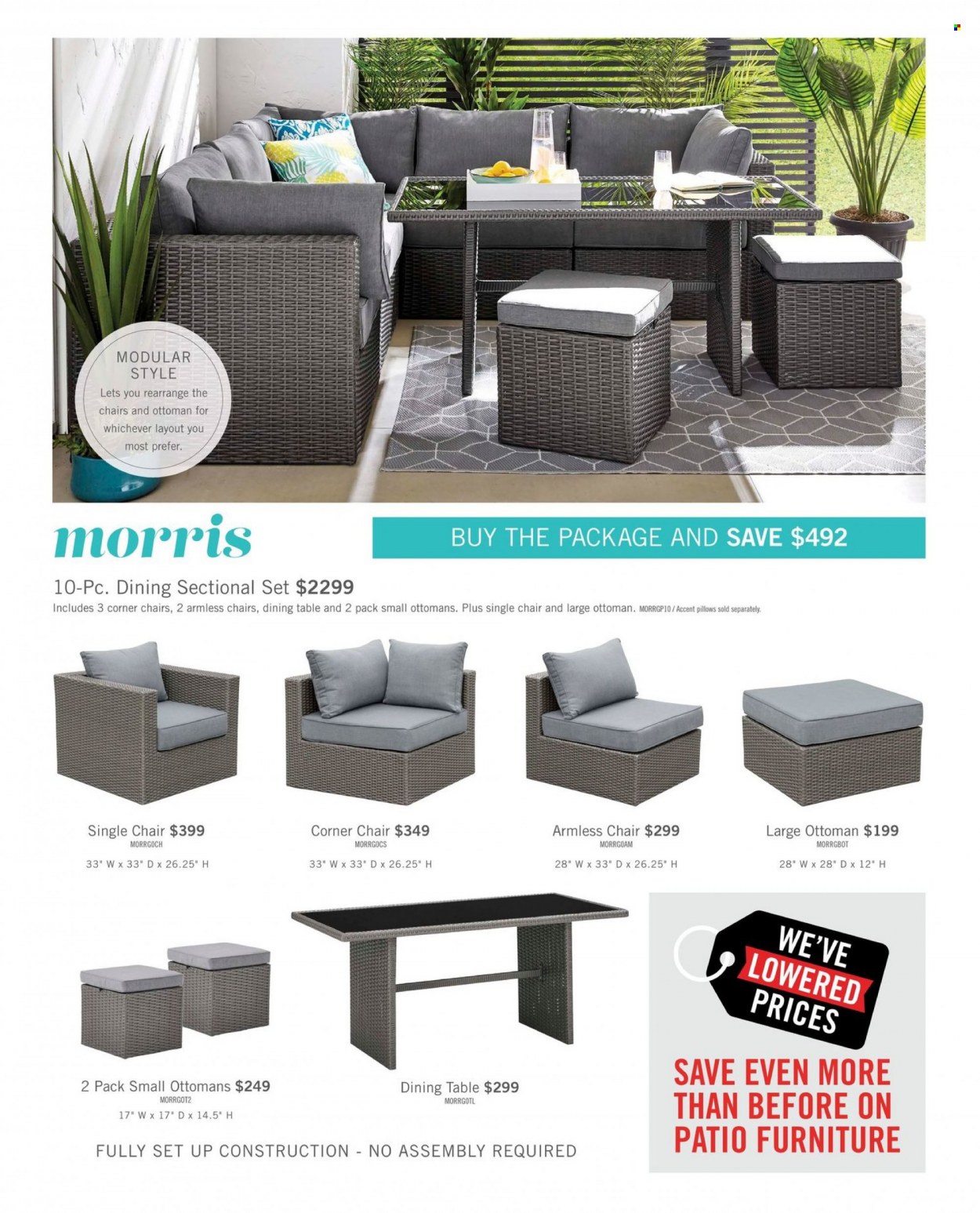 thumbnail - The Brick Flyer - March 01, 2023 - July 31, 2023 - Sales products - pillow, dining table, table, chair, corner chair, ottoman, patio furniture. Page 11.