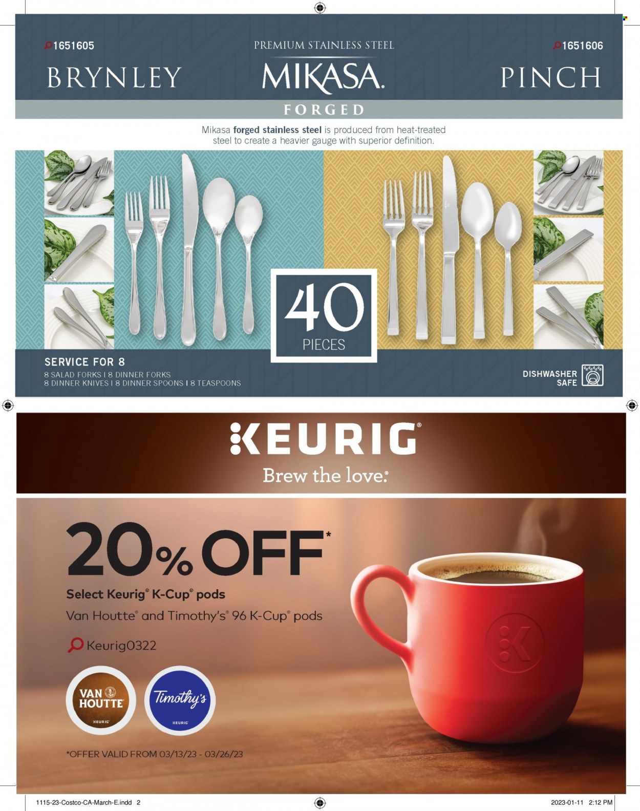 thumbnail - Costco Flyer - March 01, 2023 - March 31, 2023 - Sales products - coffee, coffee capsules, K-Cups, Keurig, knife, spoon, Mikasa. Page 2.