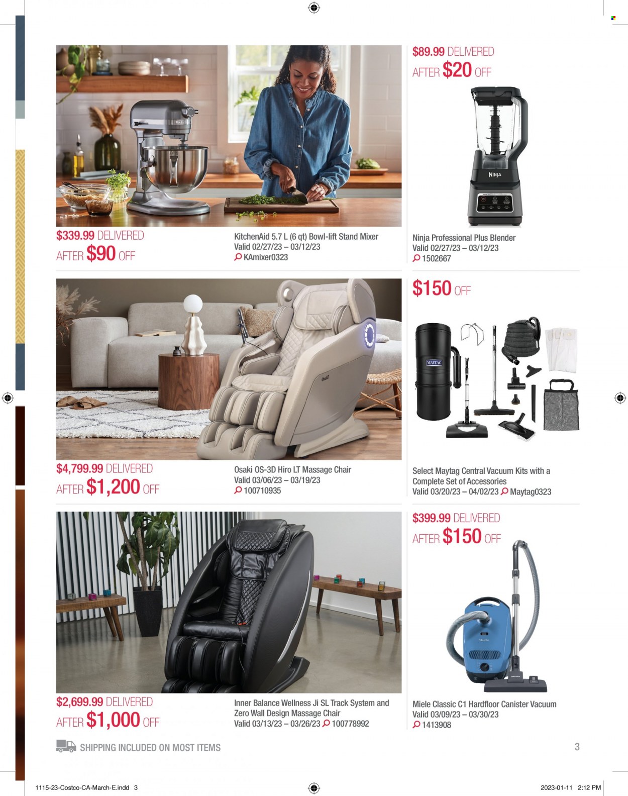 thumbnail - Costco Flyer - March 01, 2023 - March 31, 2023 - Sales products - chair, KitchenAid, bowl, Maytag, mixer, stand mixer, massage chair, blender, Miele. Page 3.