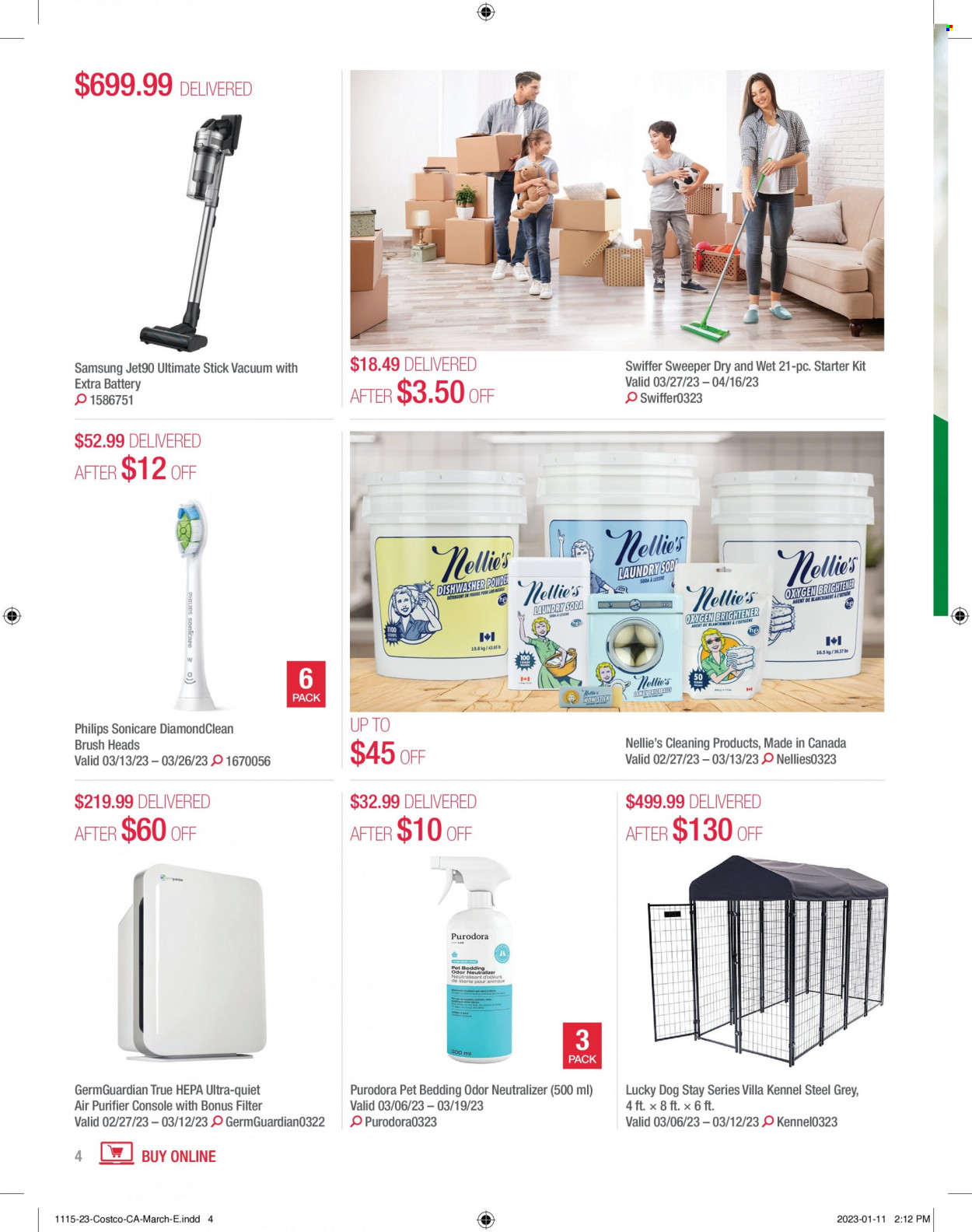 thumbnail - Costco Flyer - March 01, 2023 - March 31, 2023 - Sales products - Philips, Swiffer, battery, bedding, travel dog kennel, Samsung, dishwasher, Sonicare, air purifier, detergent. Page 4.